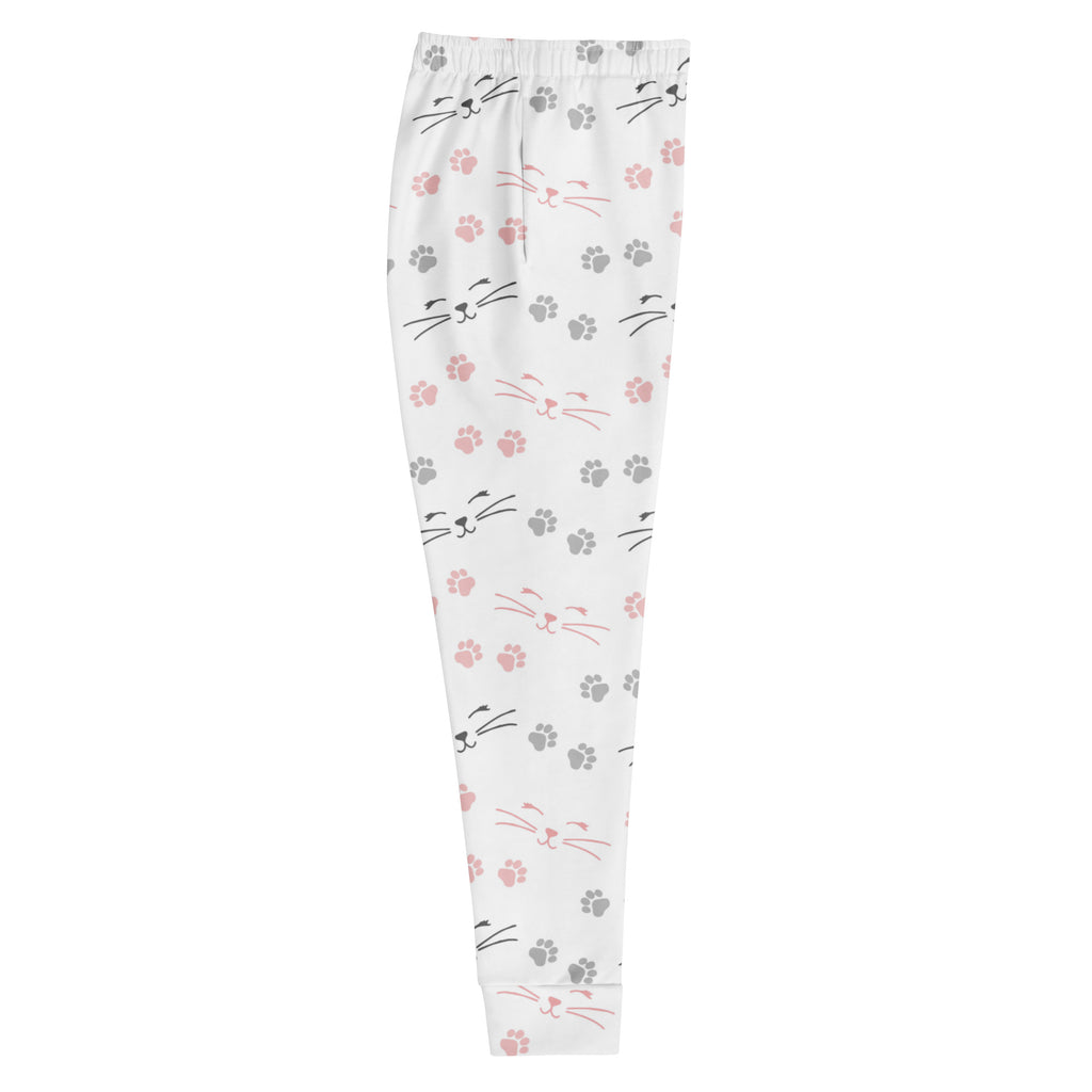 Women’s white recycled jogger pants with pink and gray paw prints black cat faces and cozy brushed fleece inside