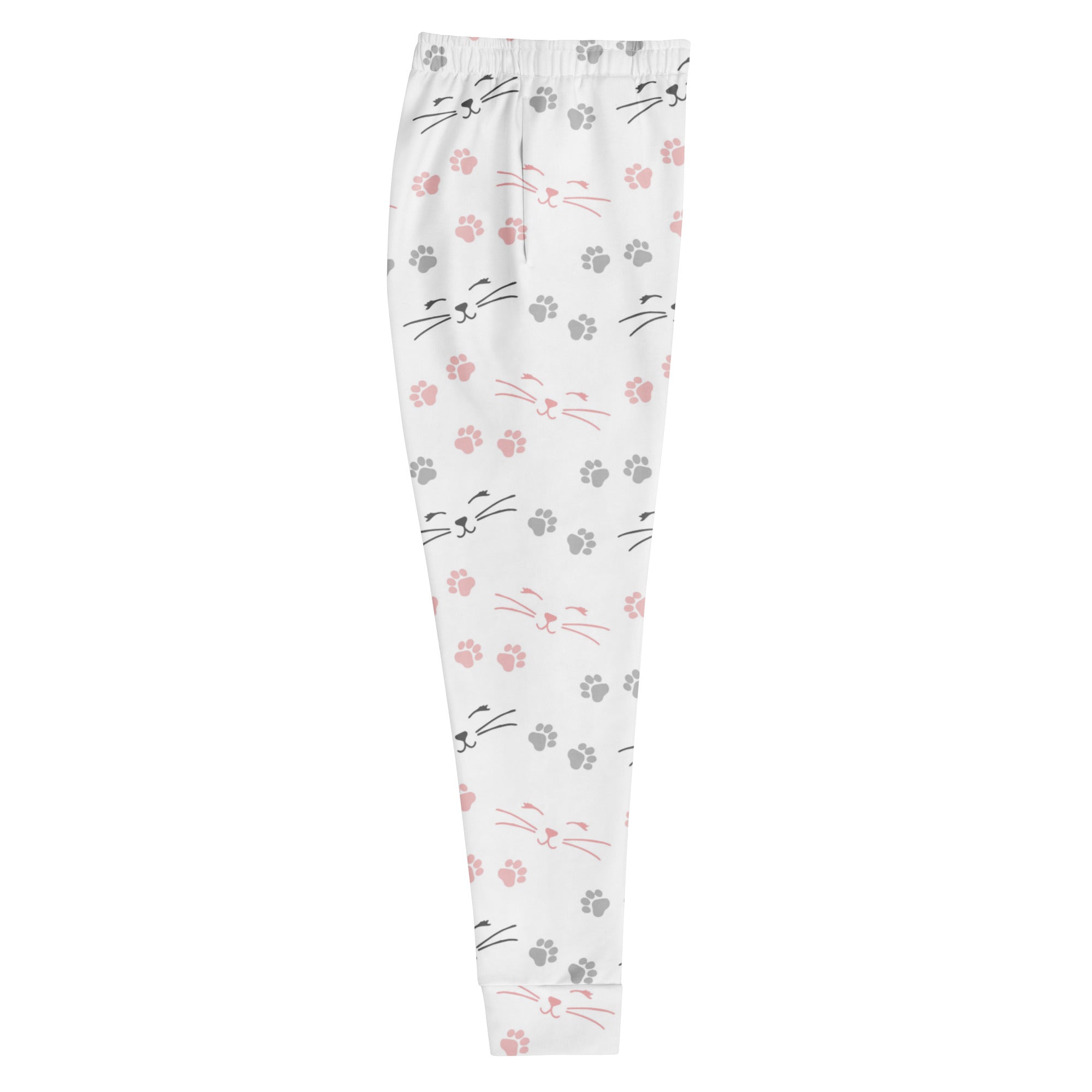 Women’s white recycled jogger pants with pink and gray paw prints black cat faces and cozy brushed fleece inside