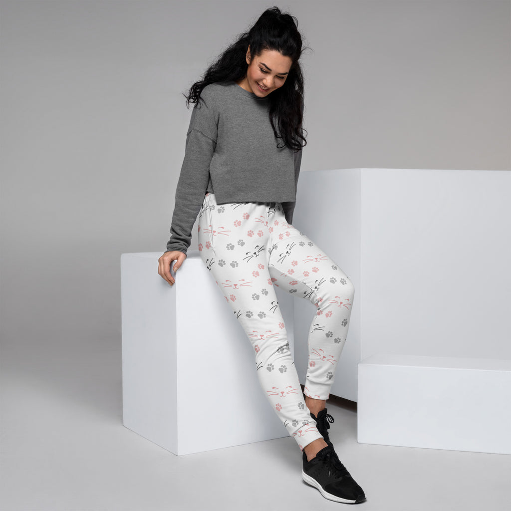 White recycled jogger pants with pink and gray cat faces paw prints cozy brushed fleece with pockets