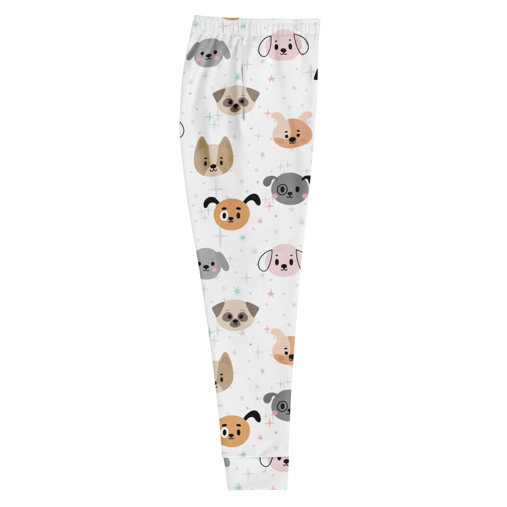 Women’s white recycled jogger pants with cozy fleece inside featuring playful gray beige and pink dog face pattern