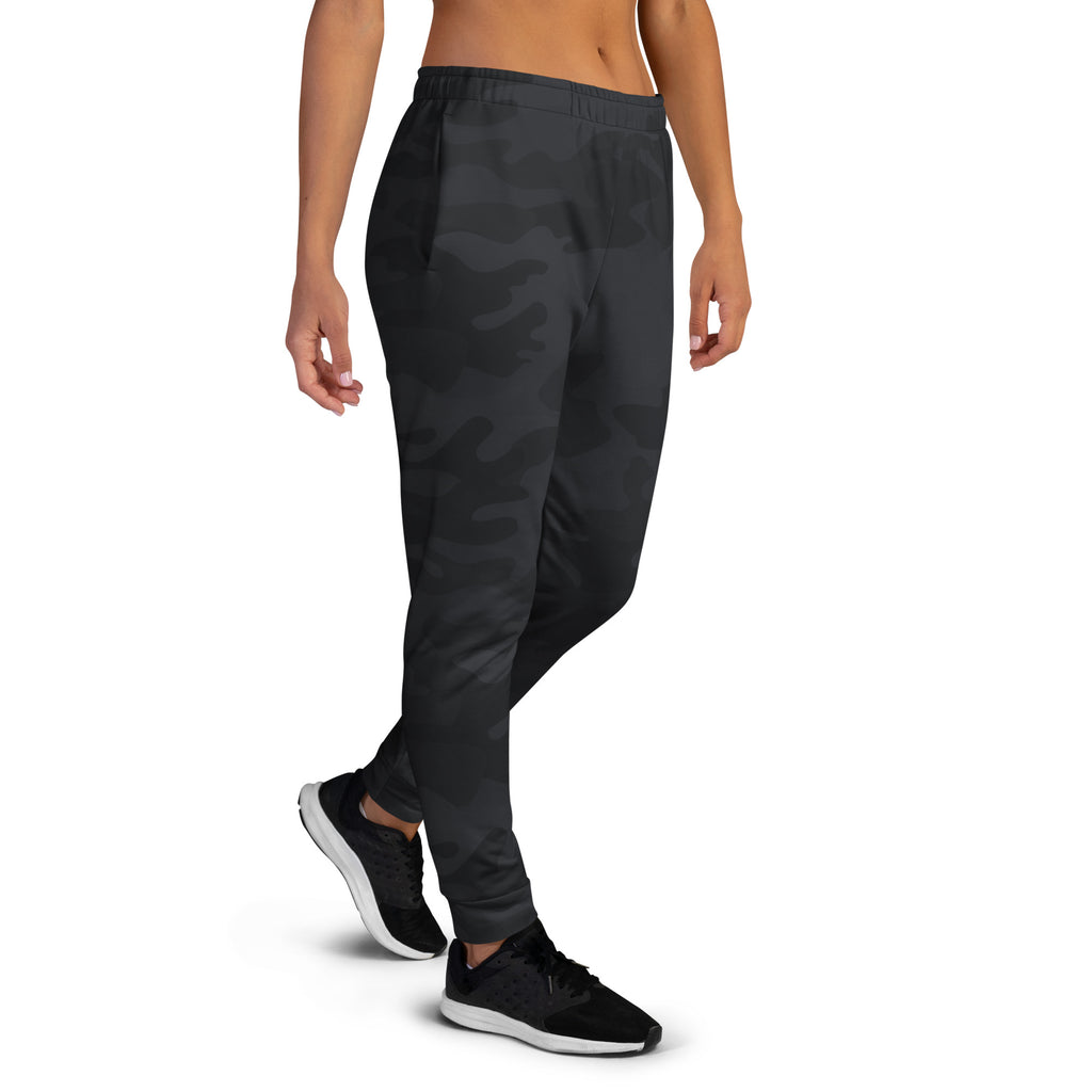 Women’s black camouflage recycled jogger pants in dark gray with soft stretchy fabric and elastic waistband