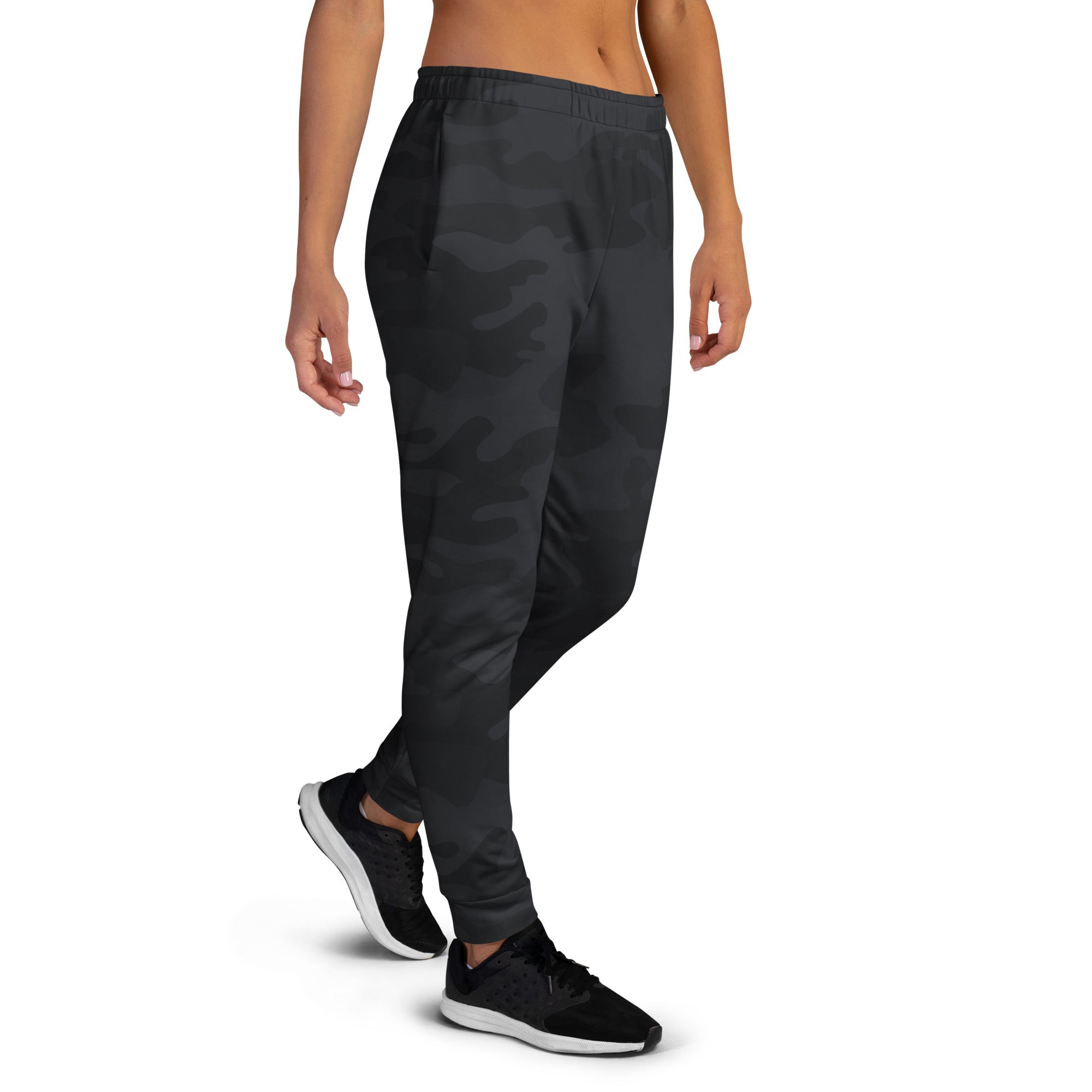 Women’s black camouflage recycled jogger pants in dark gray with soft stretchy fabric and elastic waistband
