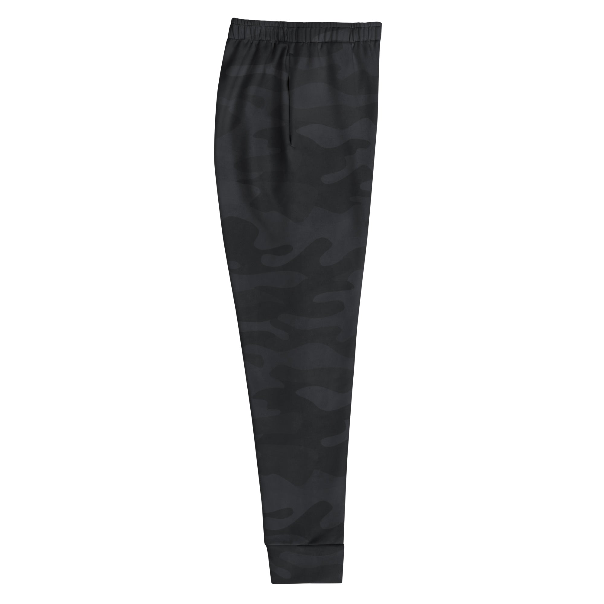 Women’s black camouflage recycled jogger pants with elastic waistband ribbed cuffs and cozy brushed fleece lining