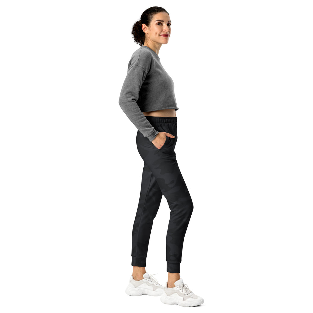 Women’s black camouflage recycled jogger pants with drawstring waistband side pockets and cozy brushed fleece lining