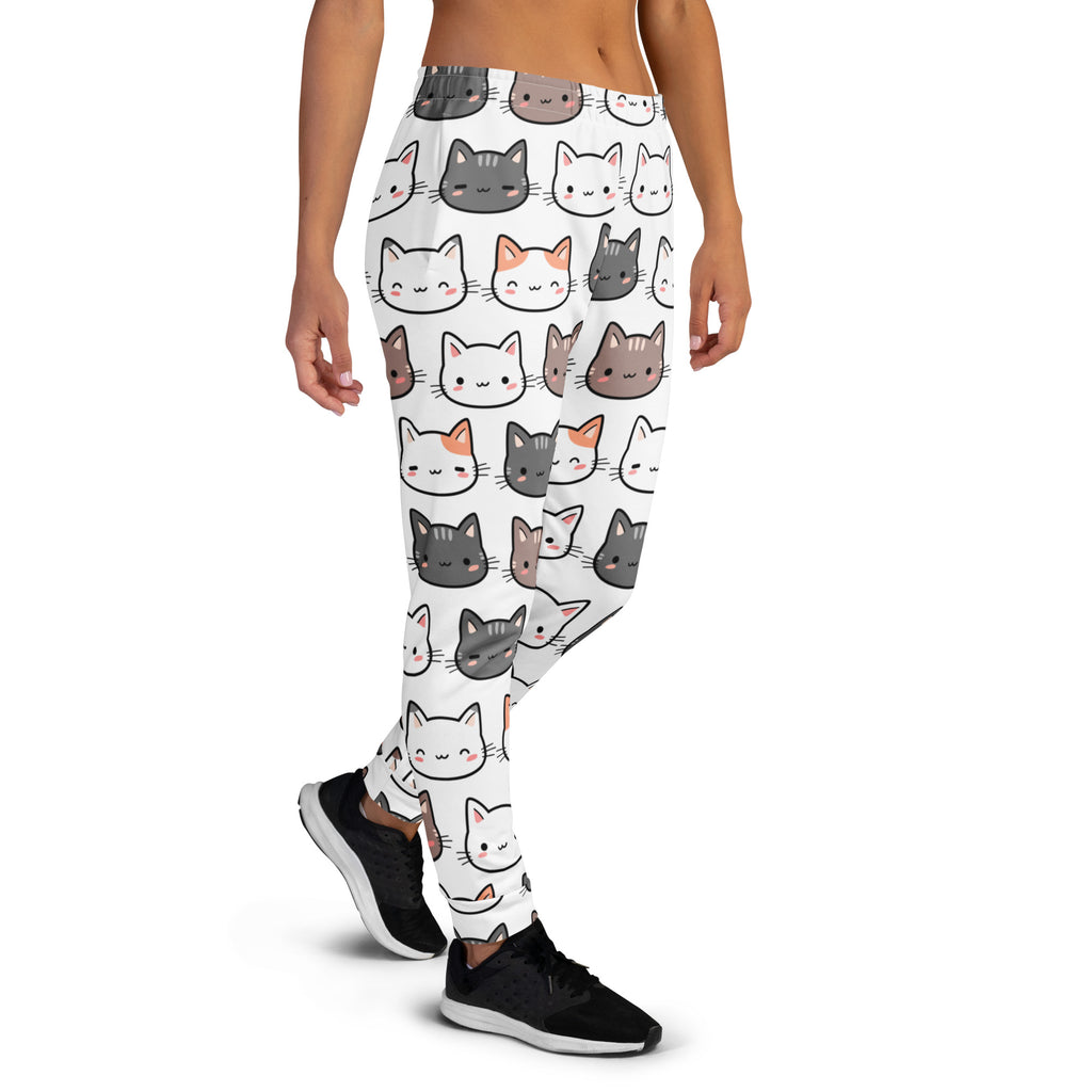 Women’s white cat recycled jogger pants with pockets featuring colorful cartoon cats and cozy brushed fleece inside