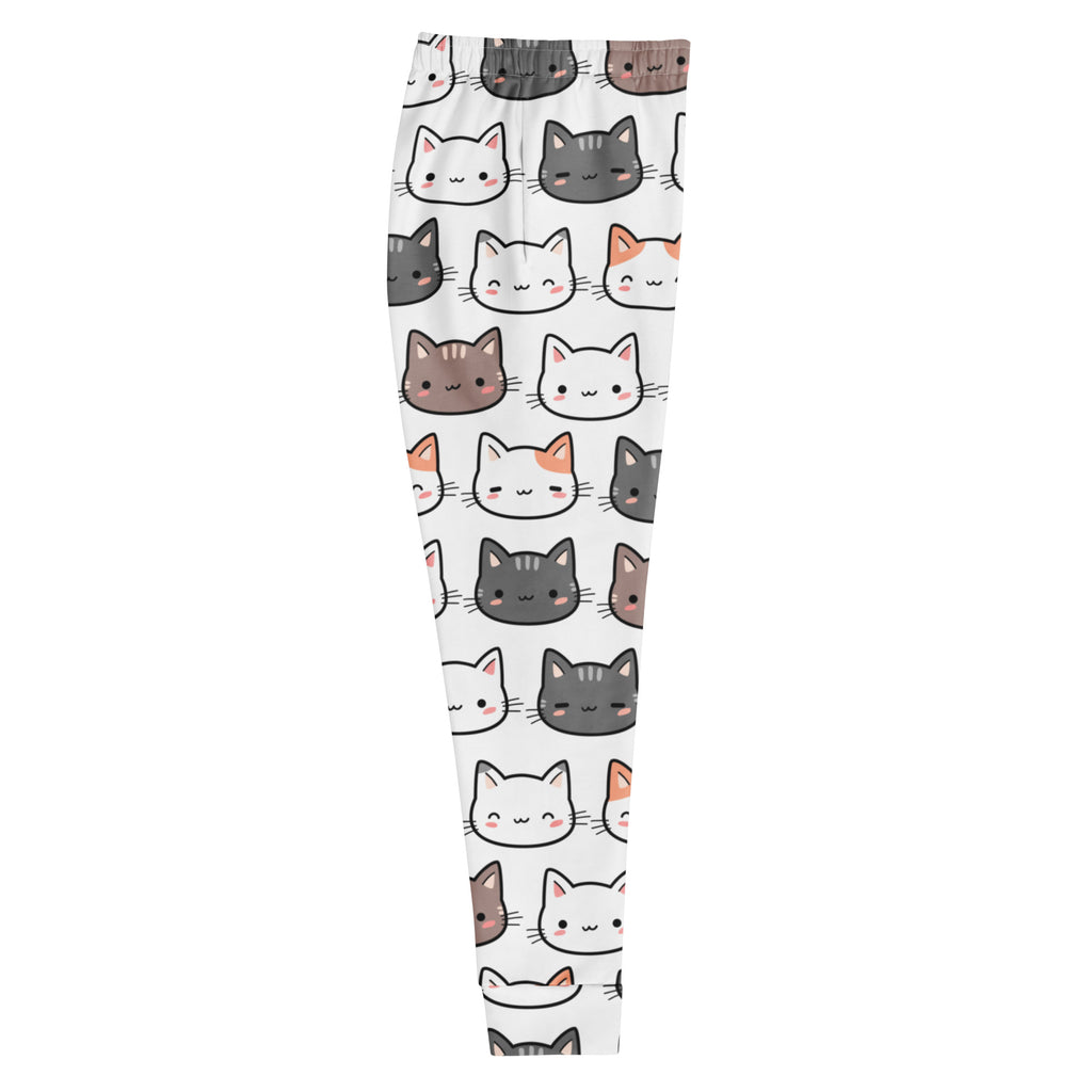 White leggings with playful cartoon cat faces in gray white and orange cozy brushed fleece jogger pants with pockets