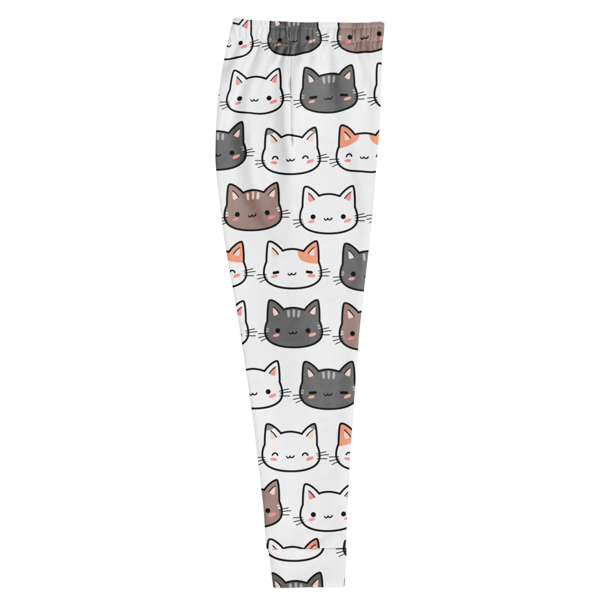White leggings with playful cartoon cat faces in gray white and orange cozy brushed fleece jogger pants with pockets