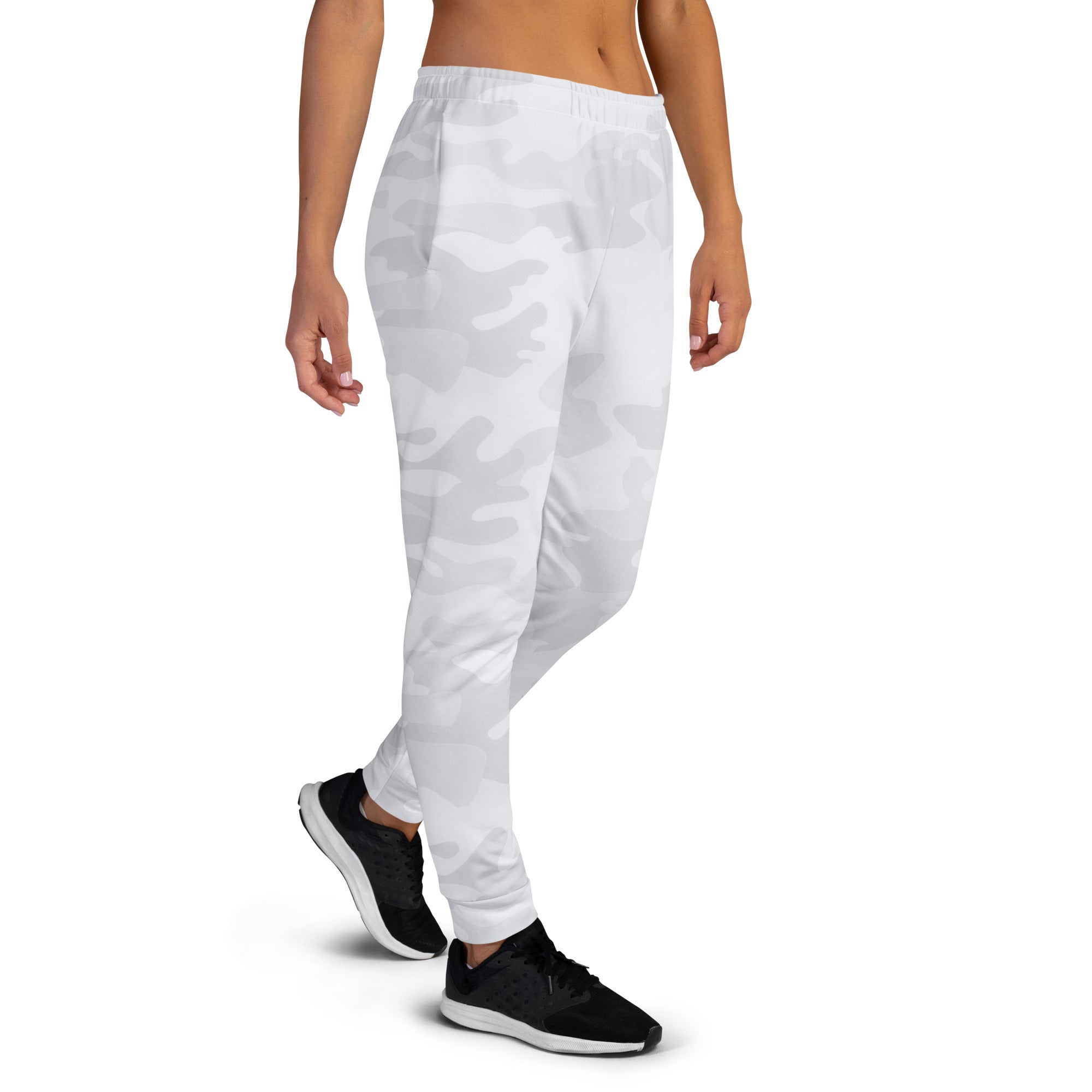Women’s gray camouflage recycled jogger pants with soft stretchy fabric tapered cuffs and cozy brushed fleece inside