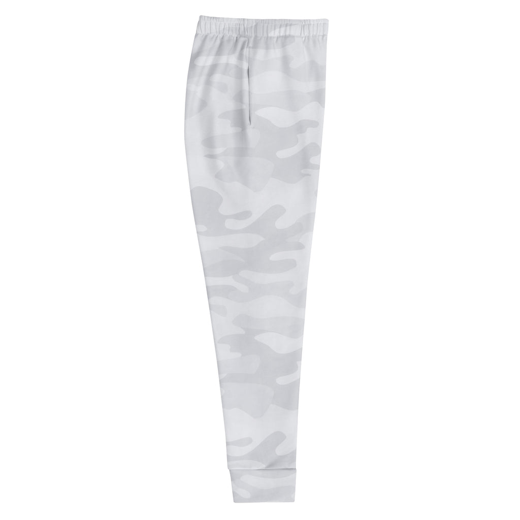 White camouflage joggers with soft stretchy fabric elastic waistband and cozy brushed inside fleece lining