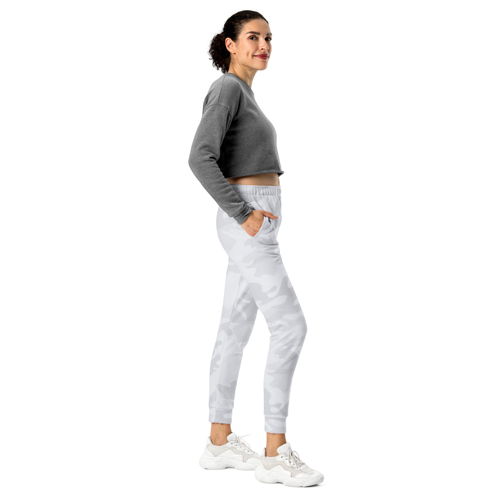 Women’s gray and white camouflage recycled jogger pants with relaxed fit elastic waistband and cozy brushed fleece inside