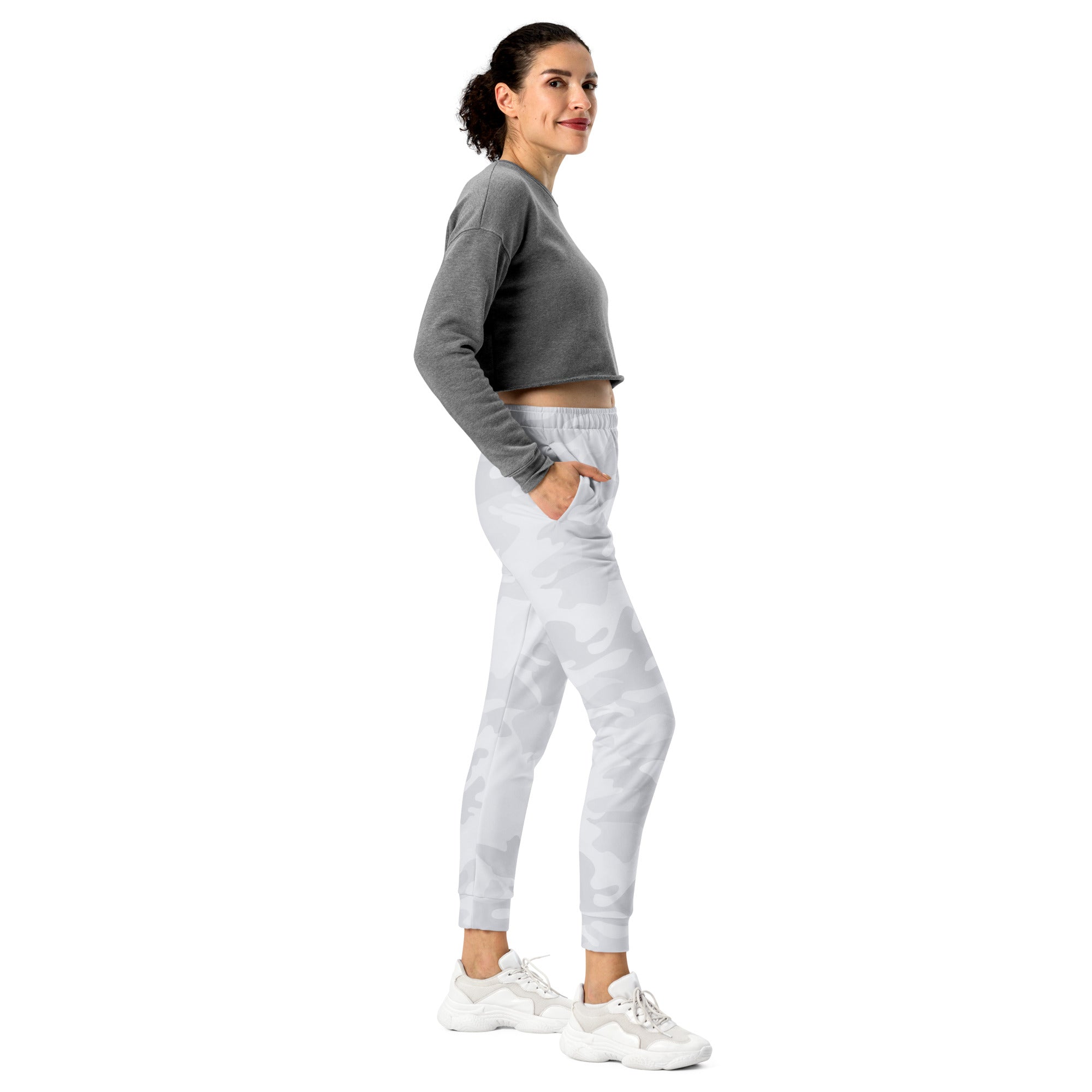 Women’s gray and white camouflage recycled jogger pants with relaxed fit elastic waistband and cozy brushed fleece inside