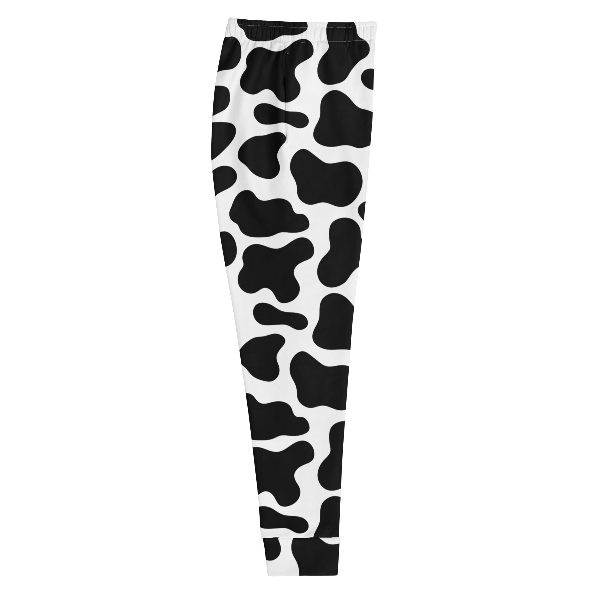 Women’s black and white cow print recycled jogger pants with pockets cozy brushed inside fleece lining