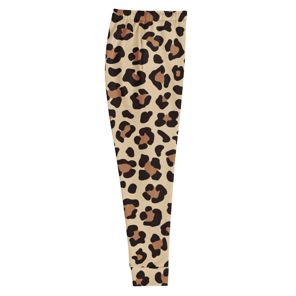 Beige women’s leopard print recycled jogger pants with black and tan spots cozy brushed inside fleece