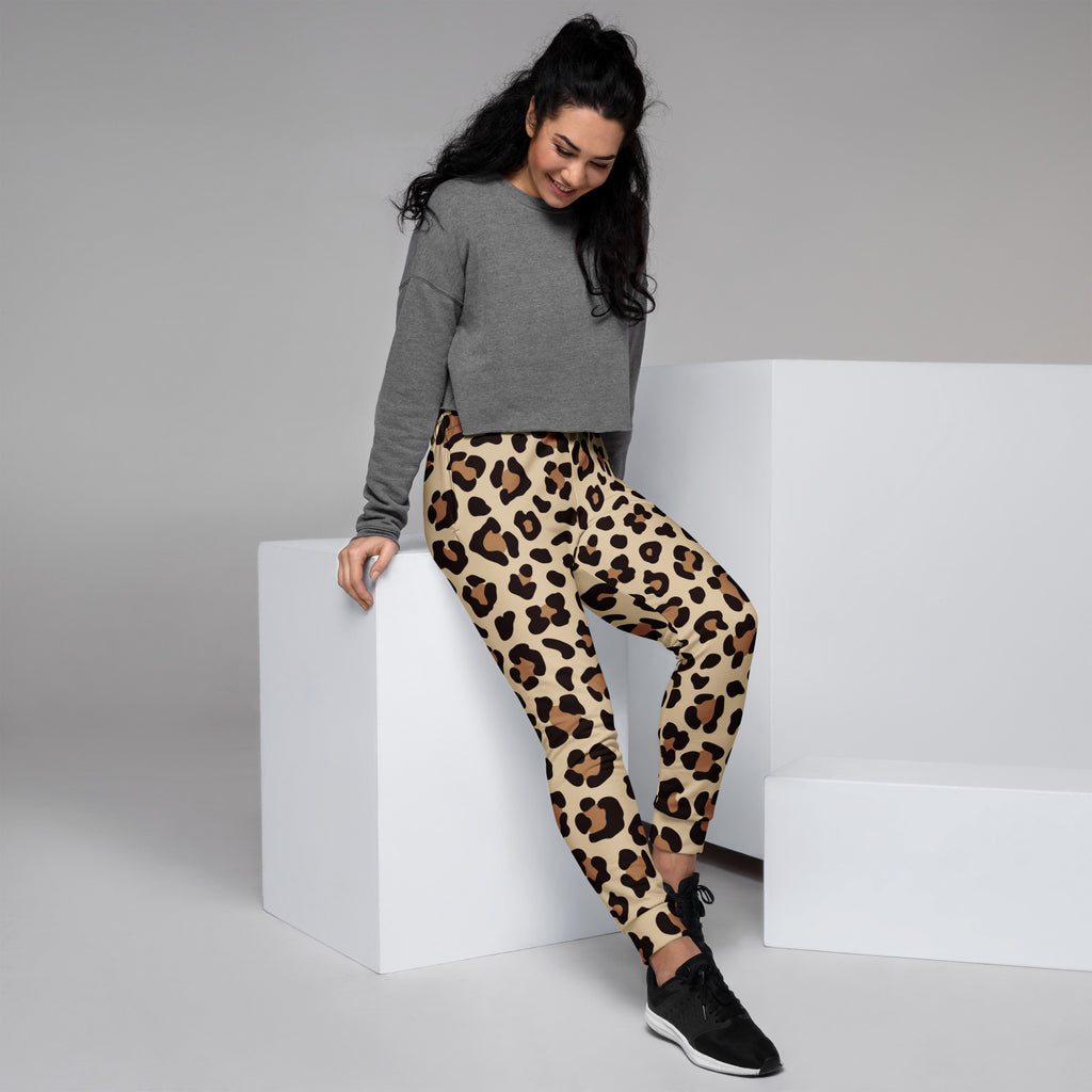 Beige and brown leopard print recycled jogger pants for women with cozy brushed inside fleece and pockets