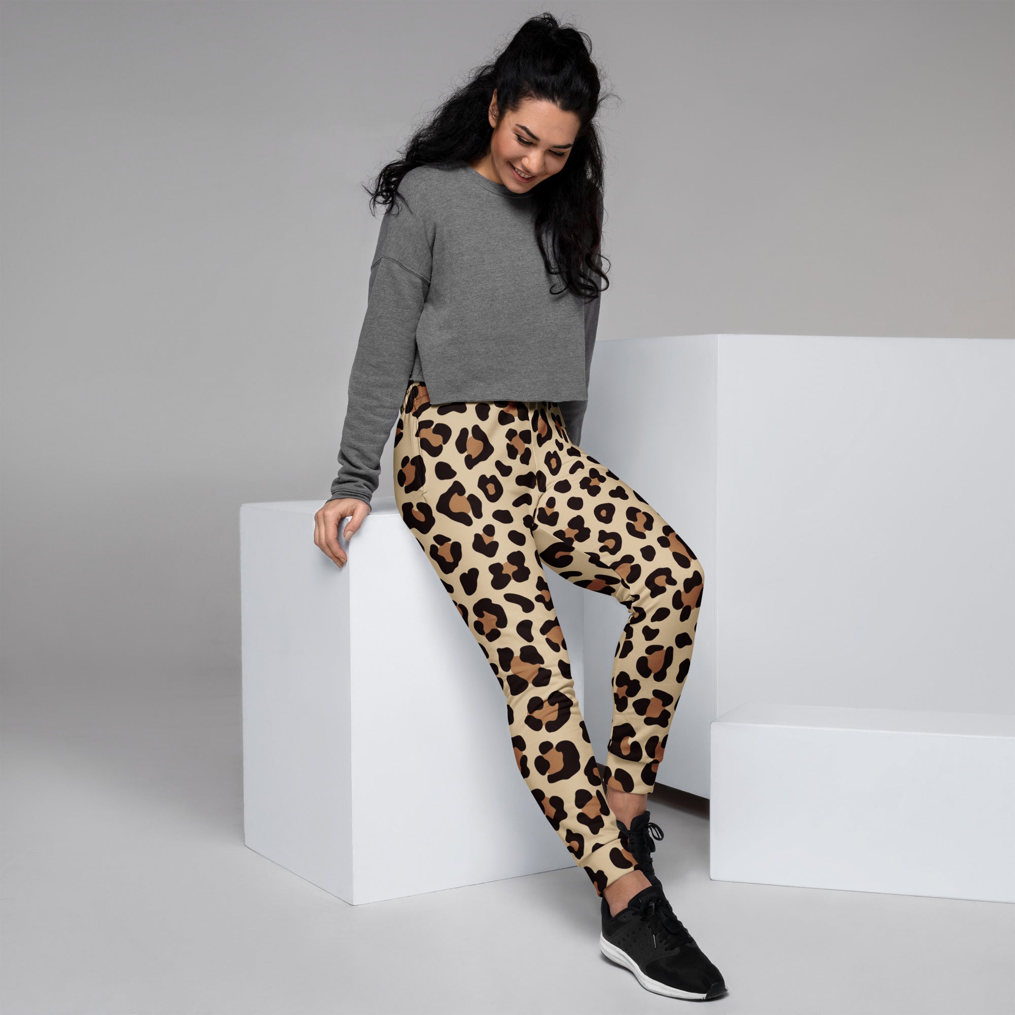 Beige and brown leopard print recycled jogger pants for women with cozy brushed inside fleece and pockets