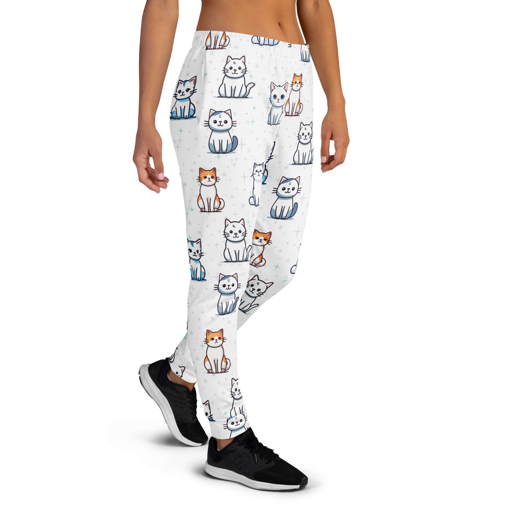 Women’s white recycled jogger pants with cozy brushed fleece inside featuring playful blue orange and gray cartoon cats