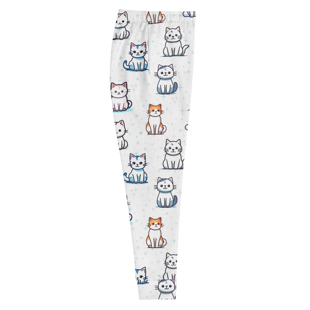White women’s recycled jogger pants with cozy brushed fleece inside featuring colorful cartoon cat pattern and pockets