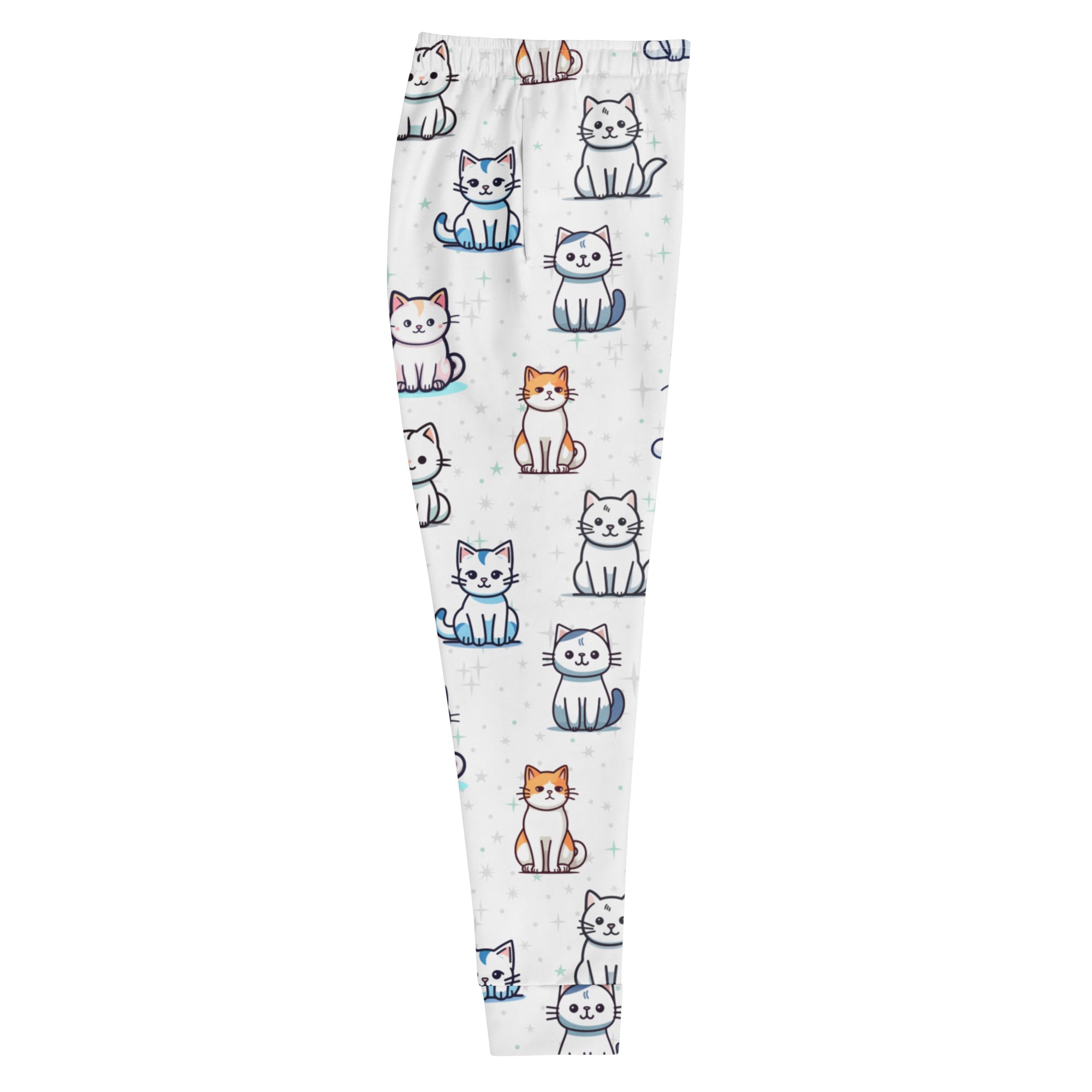 White women’s recycled jogger pants with cozy brushed fleece inside featuring colorful cartoon cat pattern and pockets