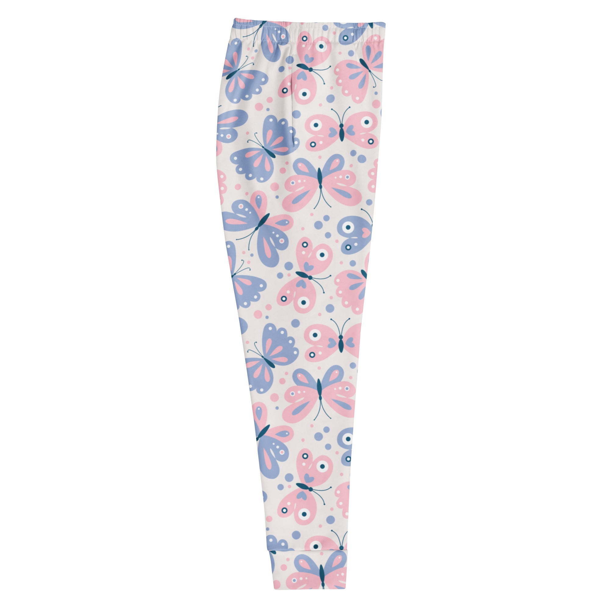 Women’s butterfly recycled jogger pants with pink and blue butterfly pattern soft stretchy fleece fabric and pockets
