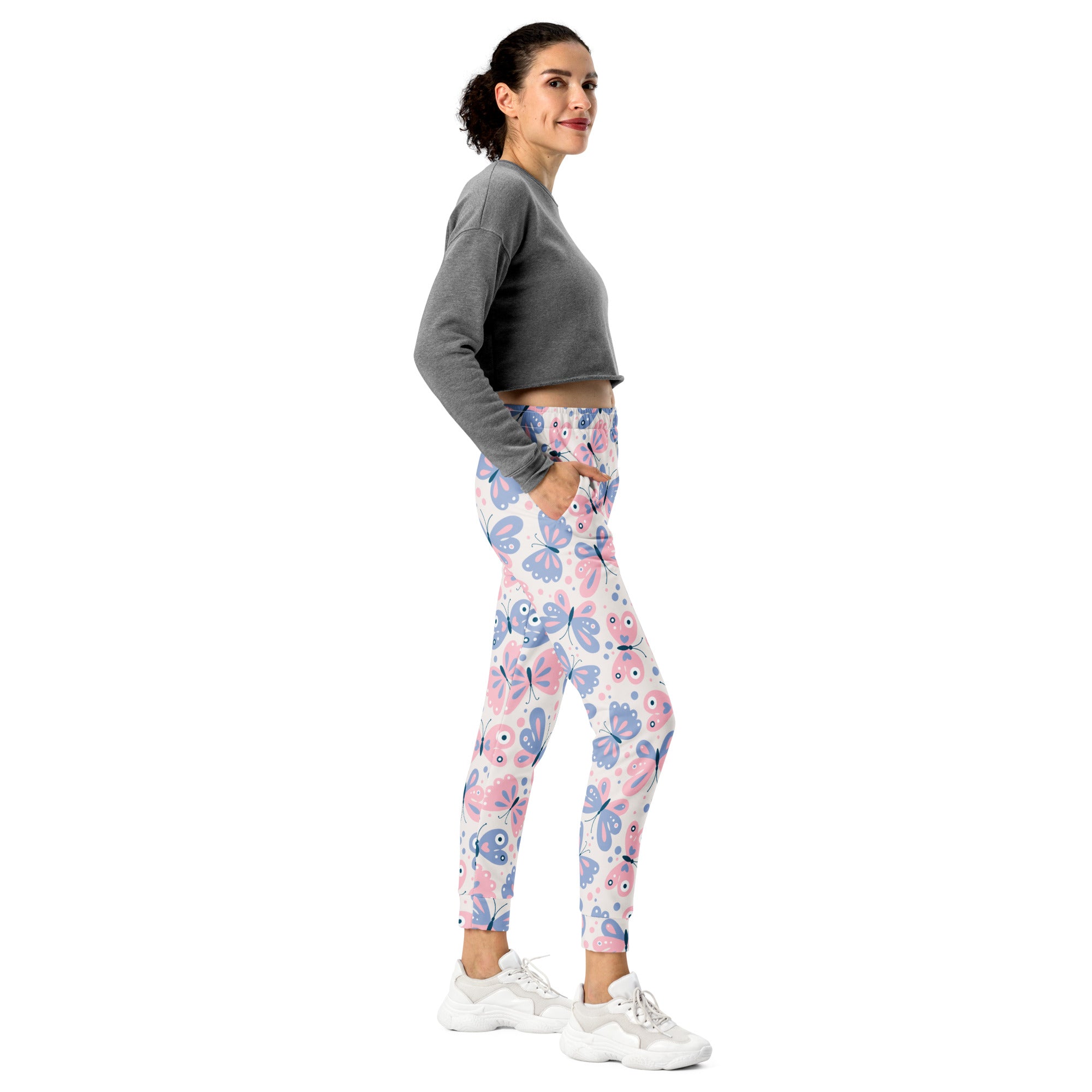 Women’s butterfly recycled jogger pants with pink and blue butterfly pattern cozy brushed fleece inside and pockets