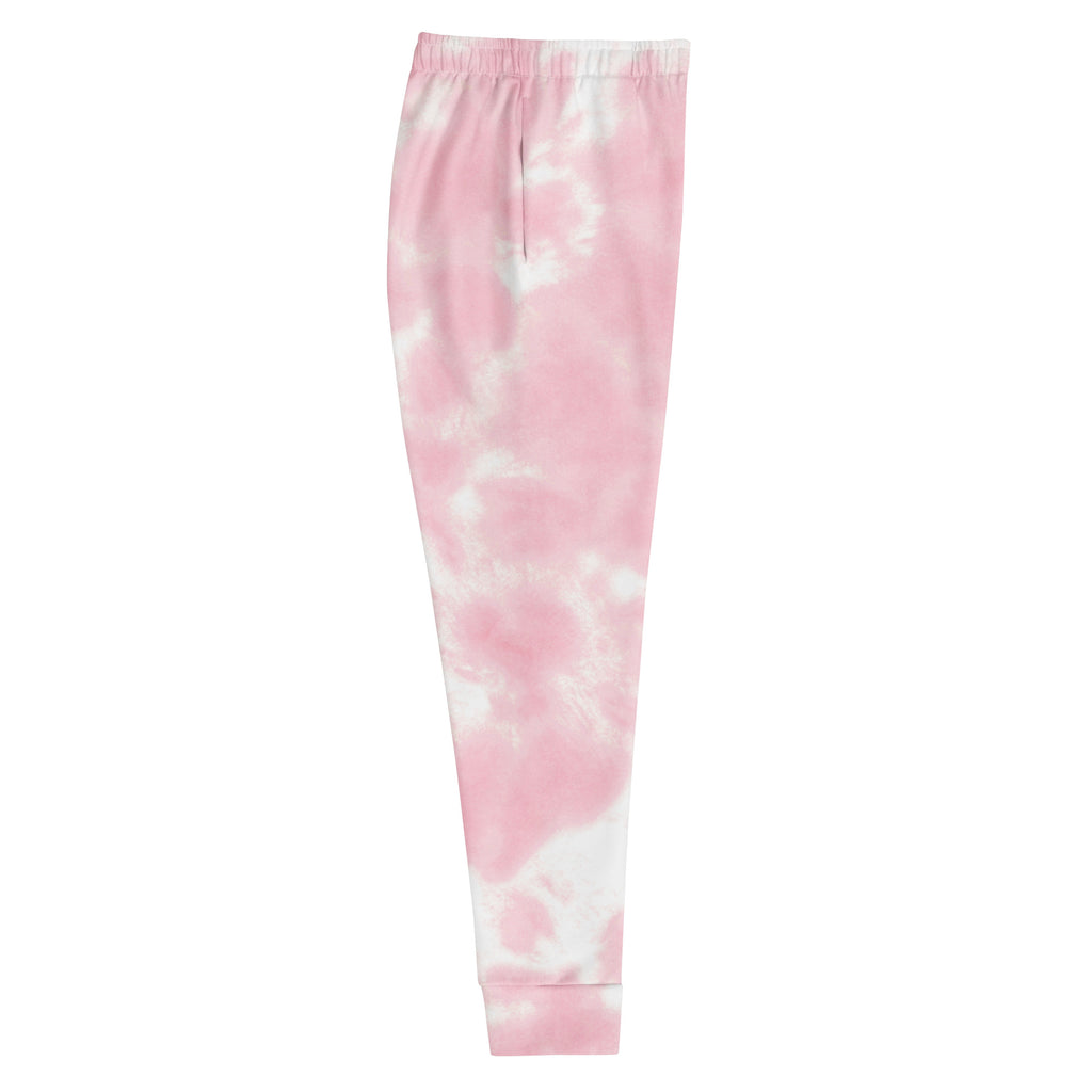 Women’s pink and white tie-dye jogger pants with elastic waistband pockets and cozy brushed inside fleece