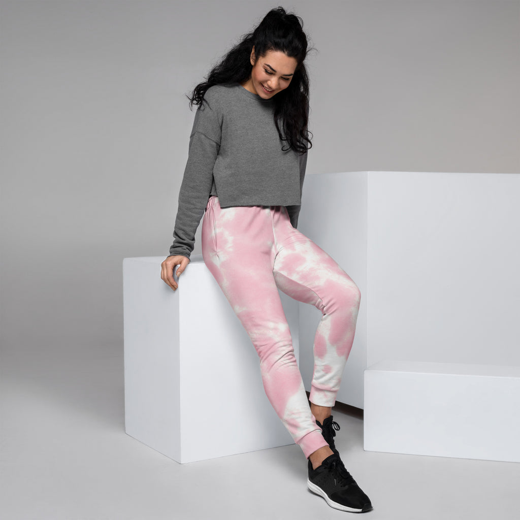 Women’s pink and white tie-dye recycled jogger pants with pockets featuring cozy brushed fleece inside