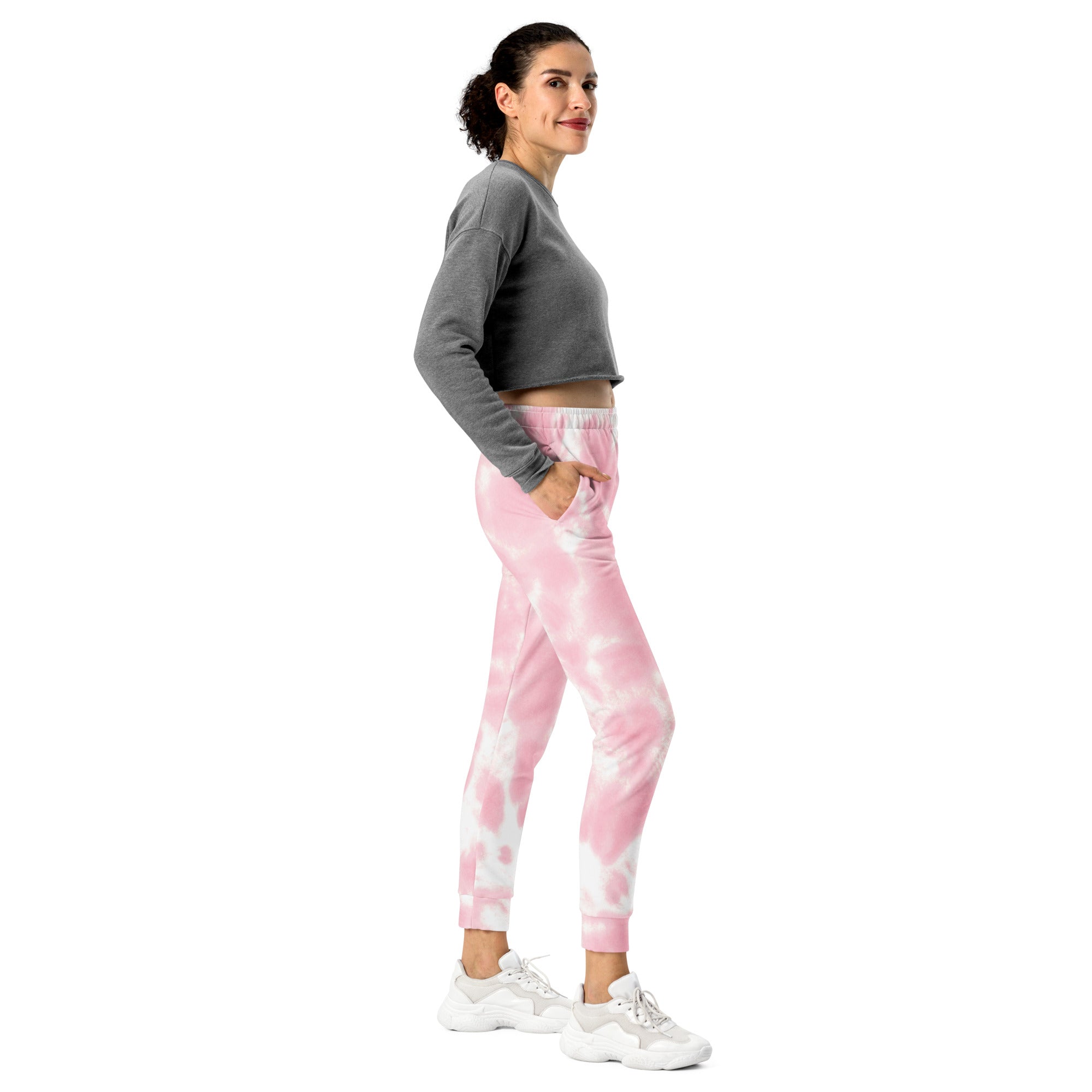 Women pink and white tie dye jogger pants with pockets made from cozy brushed inside fleece and soft stretchy fabric