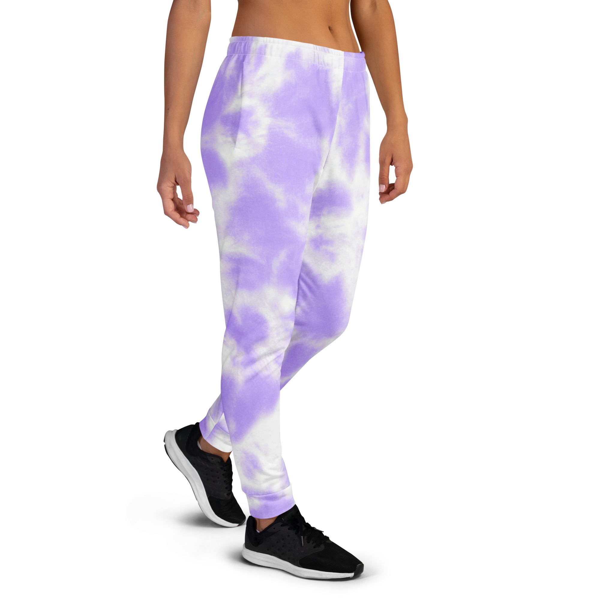 Women’s purple and white tie-dye recycled jogger pants with pockets and cozy brushed inside fleece lining