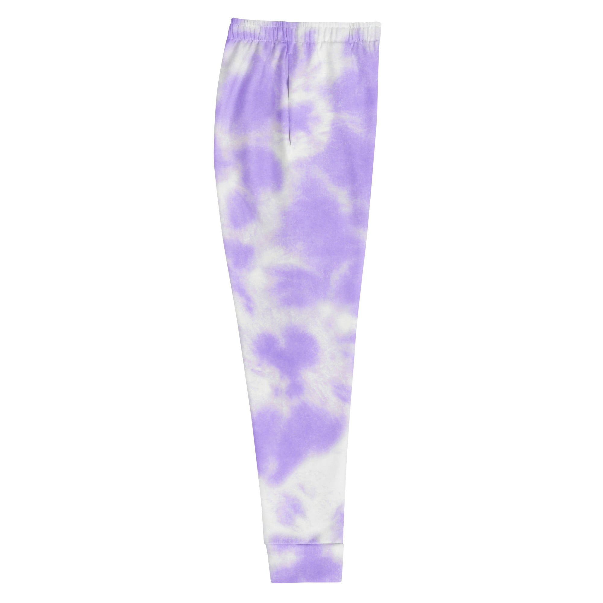 Women’s purple and white tie-dye recycled jogger pants with elastic waistband and cozy brushed fleece lining