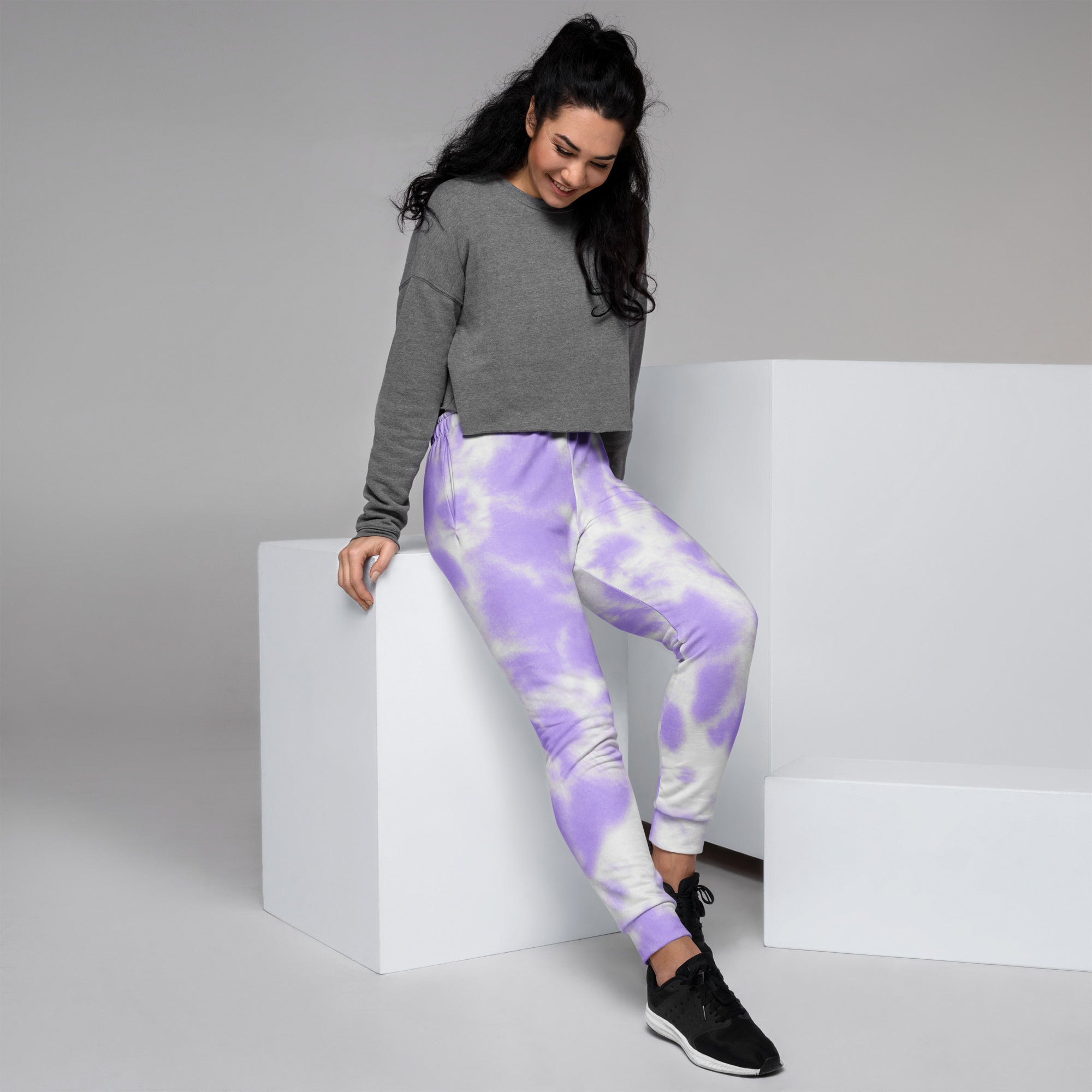 Women’s purple and white tie-dye jogger pants with pockets cozy brushed inside fleece recycled material