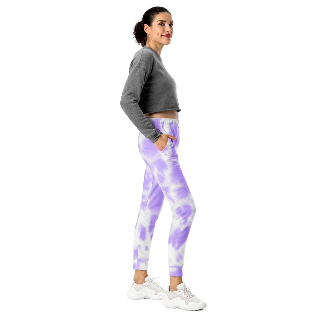 Women’s purple and white tie-dye jogger pants with pockets cozy brushed inside fleece and relaxed fit