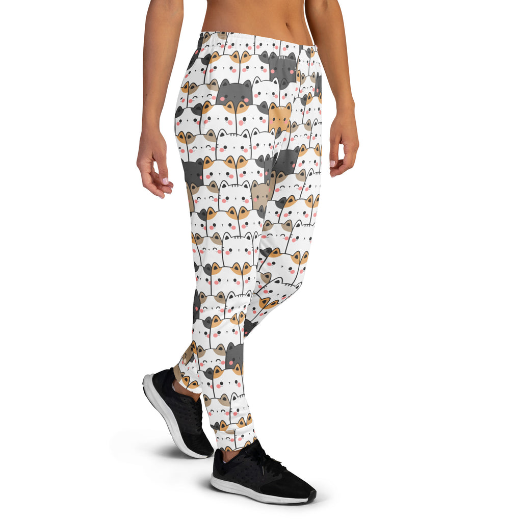 White kawaii cat recycled jogger pants with pockets featuring colorful cartoon cats and cozy brushed fleece lining