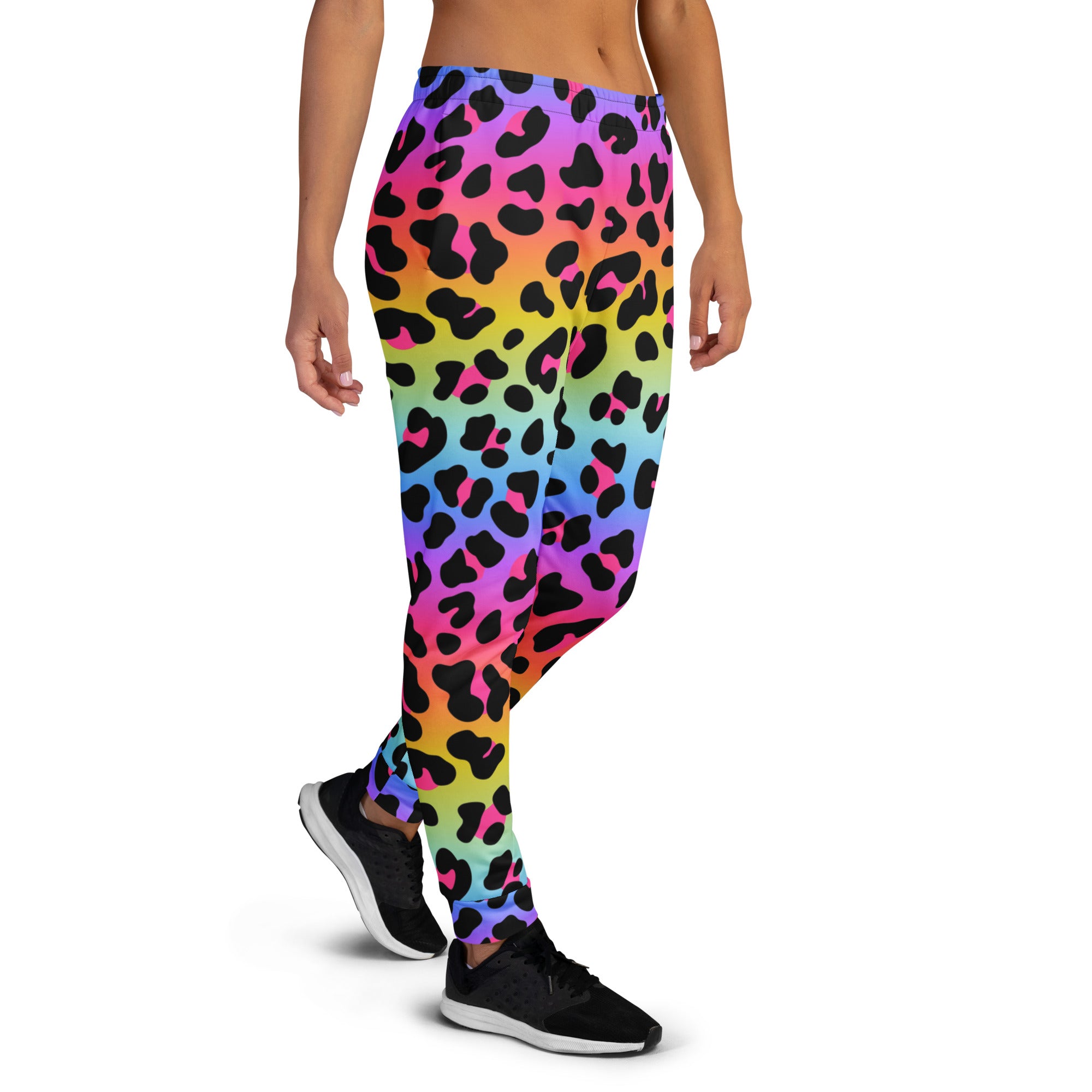Women’s rainbow gradient leopard print recycled jogger pants with pockets and cozy brushed fleece inside