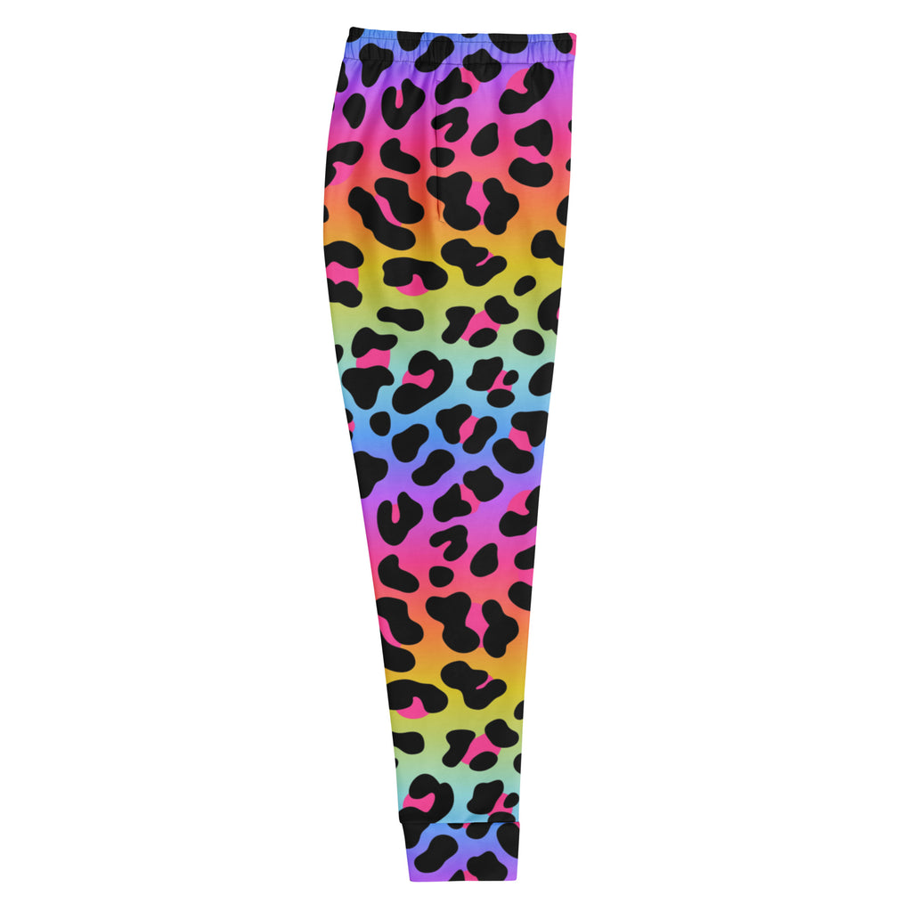 Women’s rainbow leopard recycled jogger pants with black spots cozy brushed inside fleece and pockets