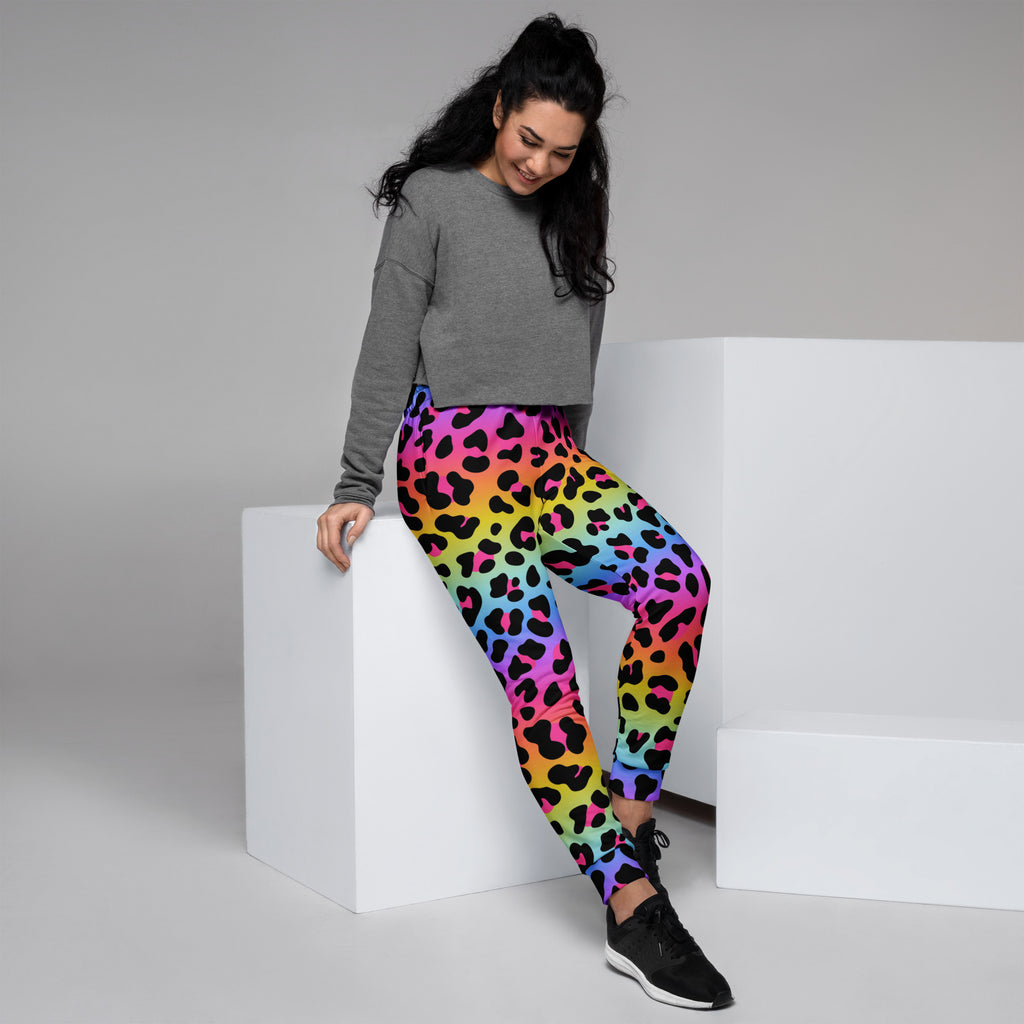 Women’s jogger pants with rainbow leopard print cozy brushed inside fleece and pockets made from recycled material