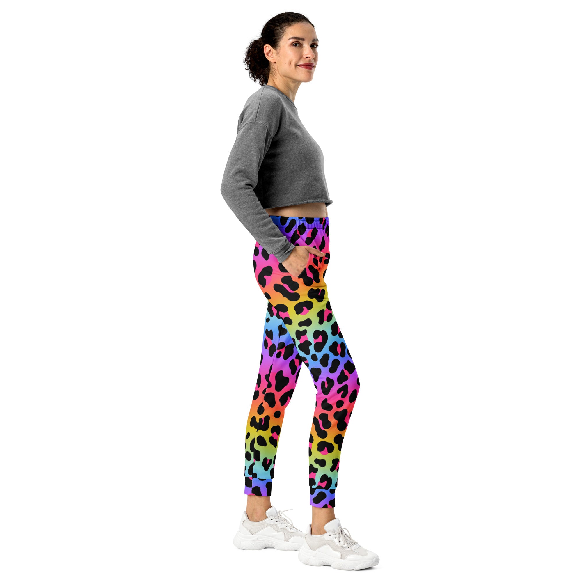 Women’s rainbow leopard recycled jogger pants with pockets featuring cozy brushed inside fleece and snug fit