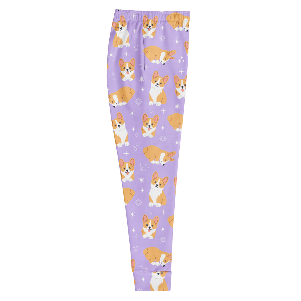 Women’s purple corgi dog recycled jogger pants with pockets and cozy brushed fleece featuring orange and white corgis