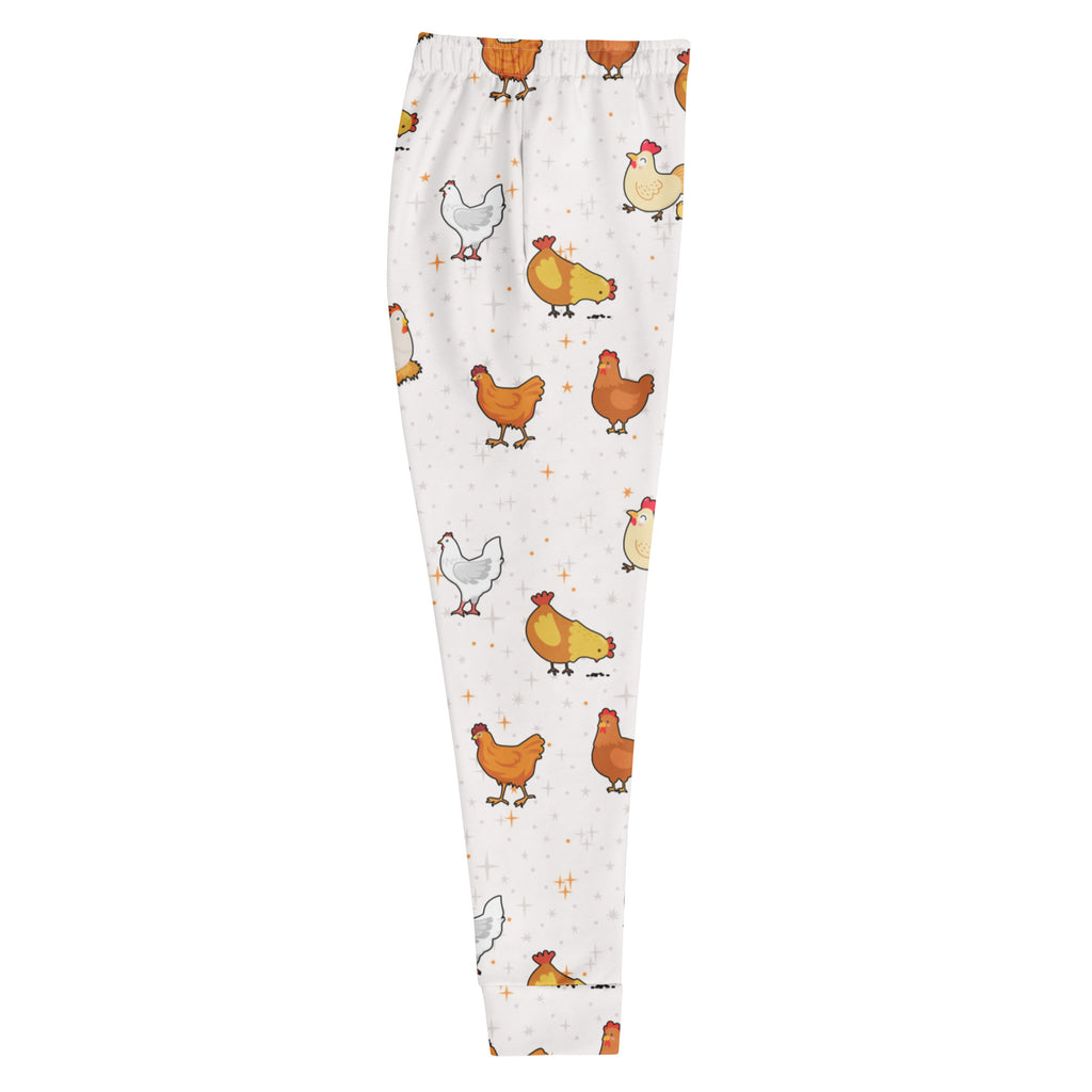 Women’s white chicken recycled jogger pants with colorful cartoon pattern cozy brushed fleece inside pockets