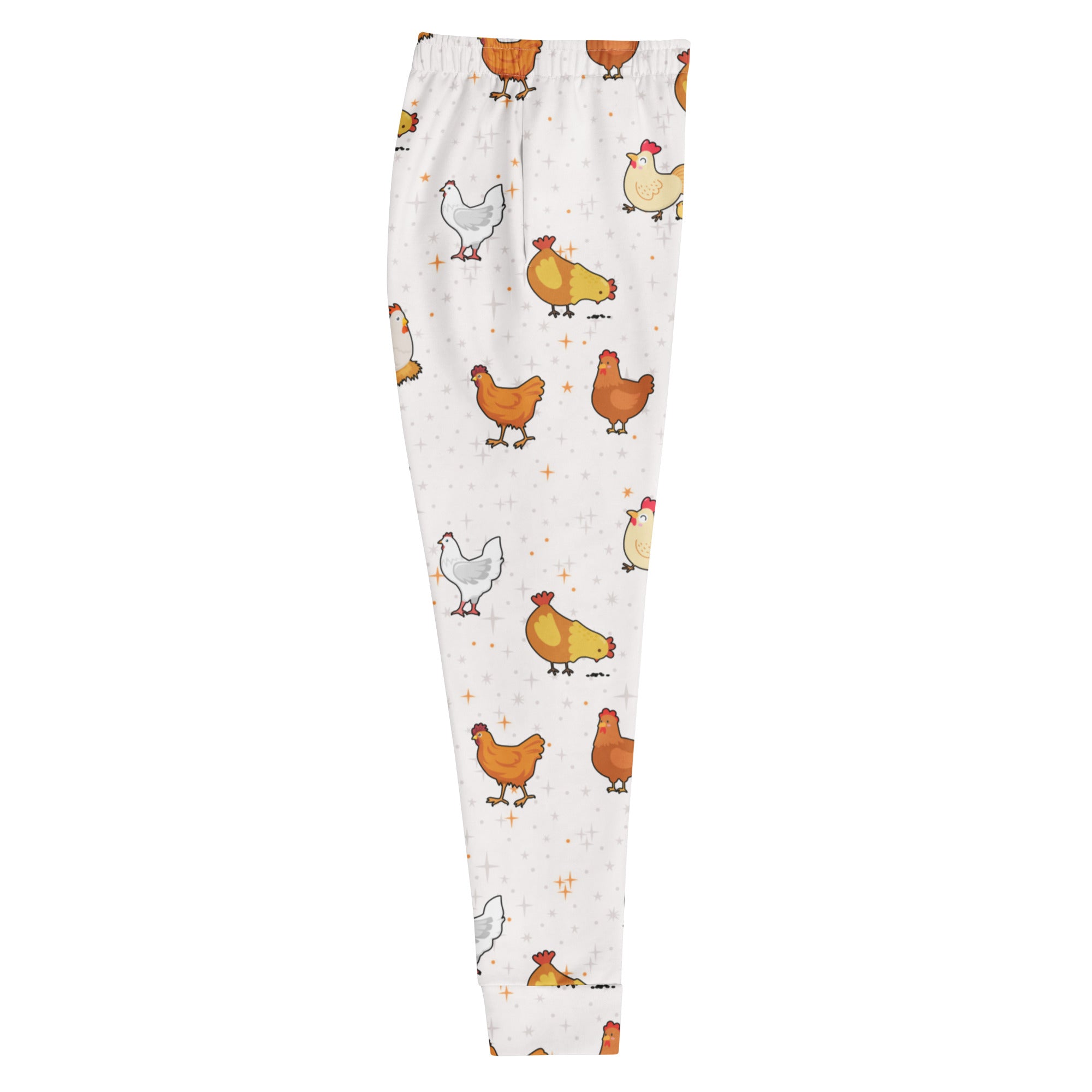 Women’s white chicken recycled jogger pants with colorful cartoon pattern cozy brushed fleece inside pockets