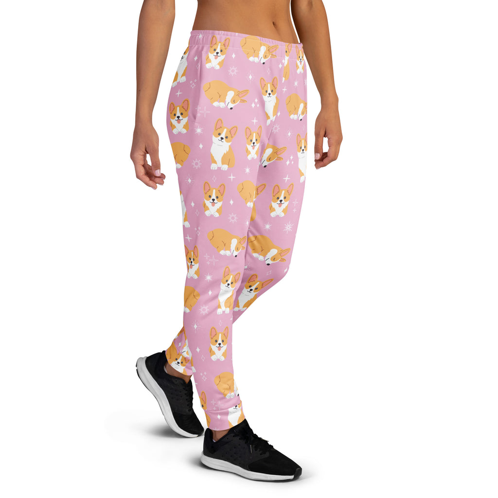 Women’s pink corgi dog recycled jogger pants with soft stretchy fabric and cozy brushed inside fleece with pockets