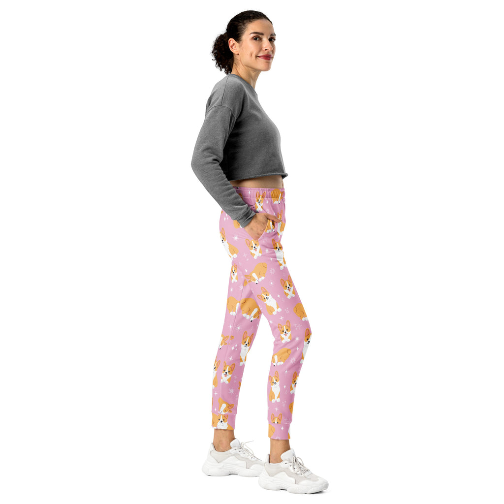 Women’s pink corgi dog jogger pants with soft stretchy fabric elastic waistband and cozy brushed inside fleece
