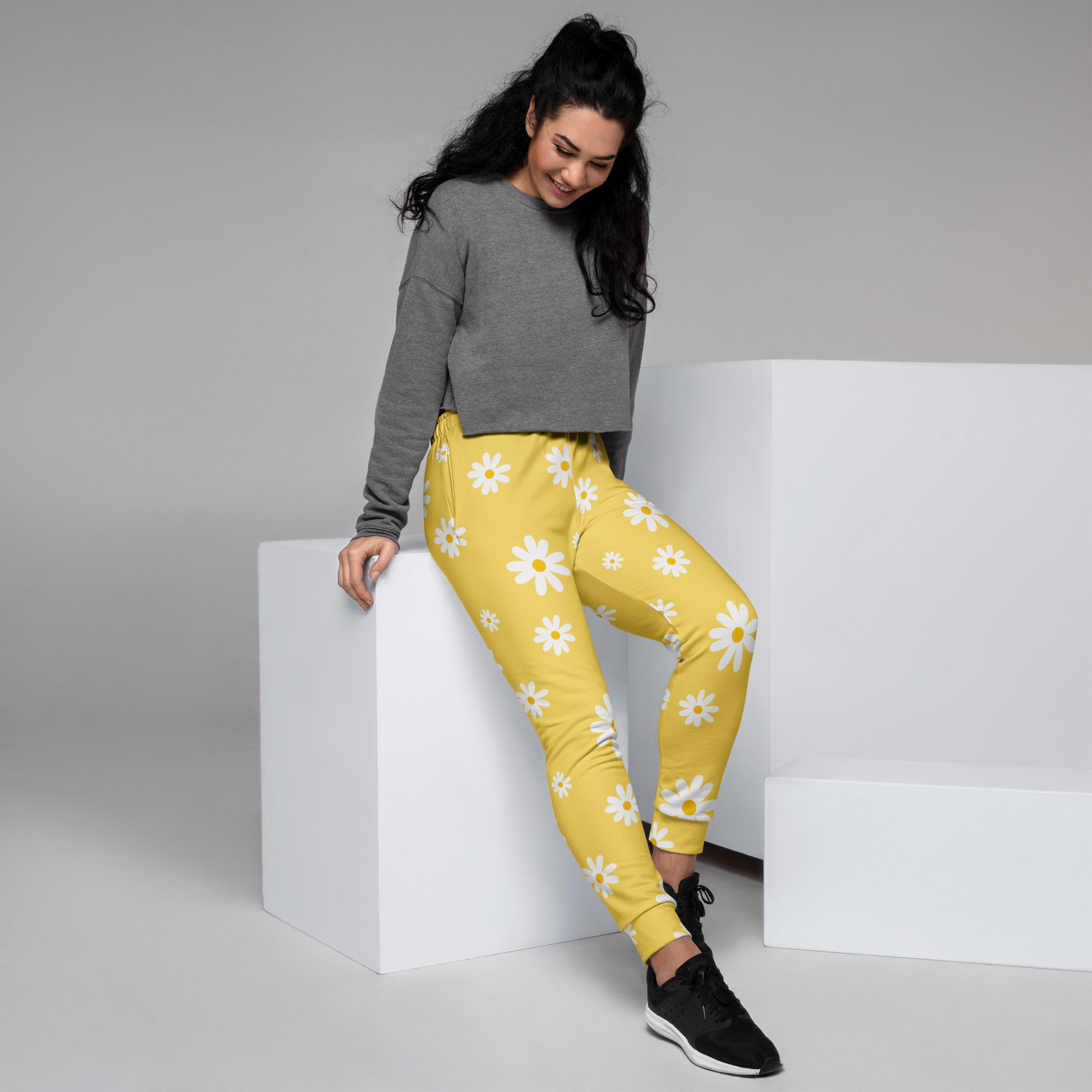Women’s Yellow Daisy Recycled Jogger Pants With Pockets – Cozy Brushed Inside Fleece