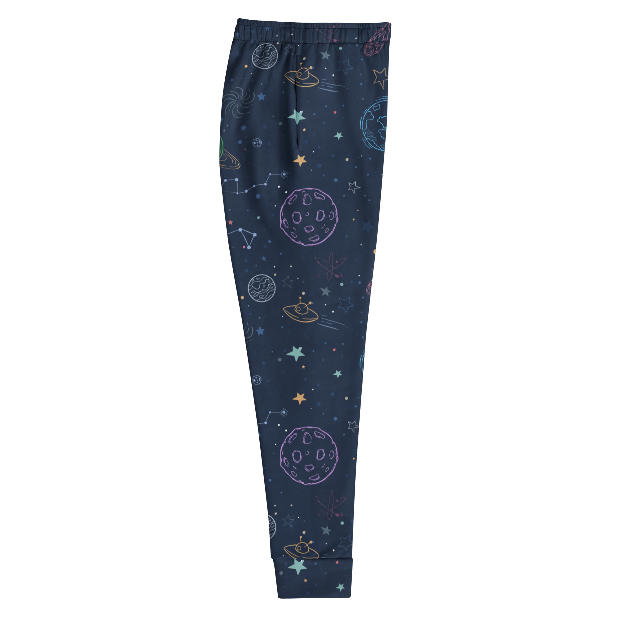 Dark blue women’s colorful galaxy space recycled jogger pants with cozy fleece and playful planet illustrations