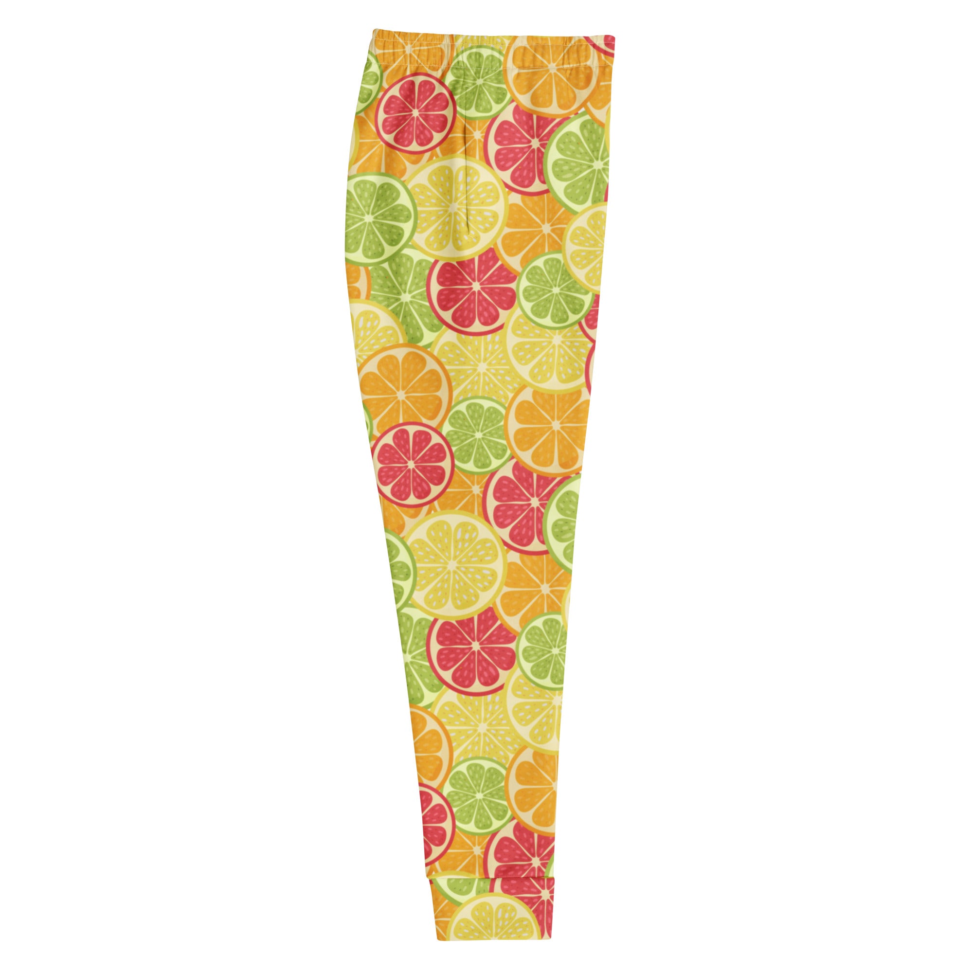 Women’s citrus slice recycled jogger pants with pockets featuring vibrant sliced citrus fruit pattern and cozy fleece lining
