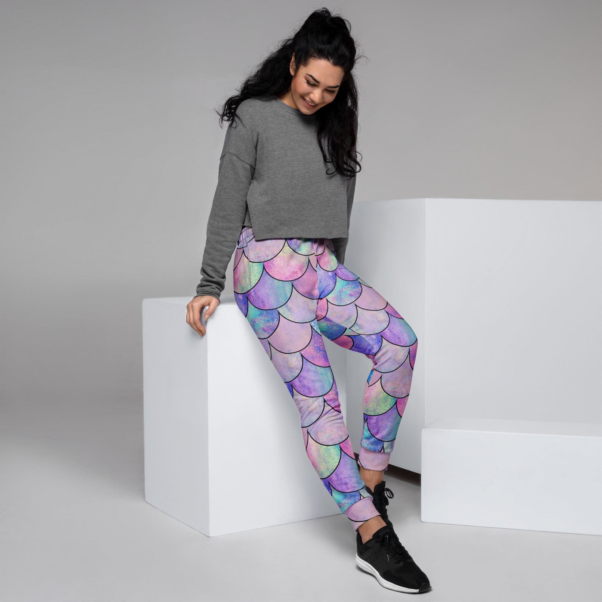 Women’s Pastel Mermaid Scales Recycled Jogger Pants With Pockets – Cozy Brushed Inside Fleece