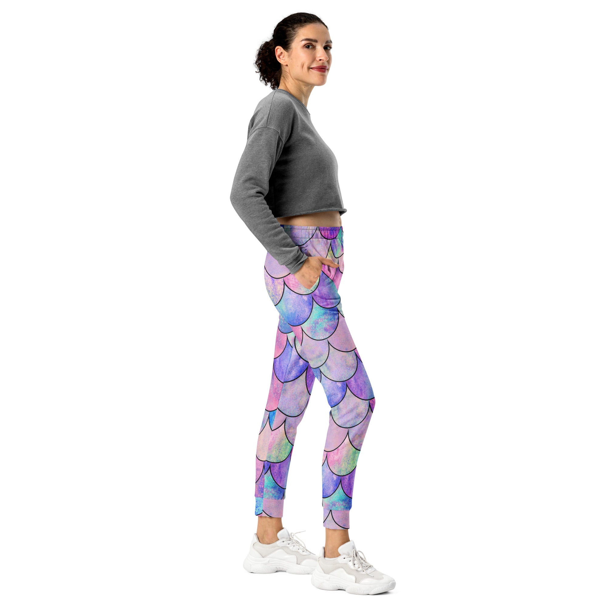 Women’s Pastel Mermaid Scales Recycled Jogger Pants With Pockets – Cozy Brushed Inside Fleece