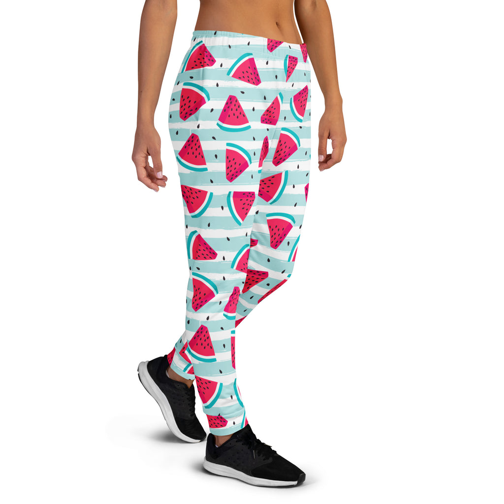 Women’s striped watermelon recycled jogger pants with pockets in vibrant pink and teal watermelon slice pattern on fleece