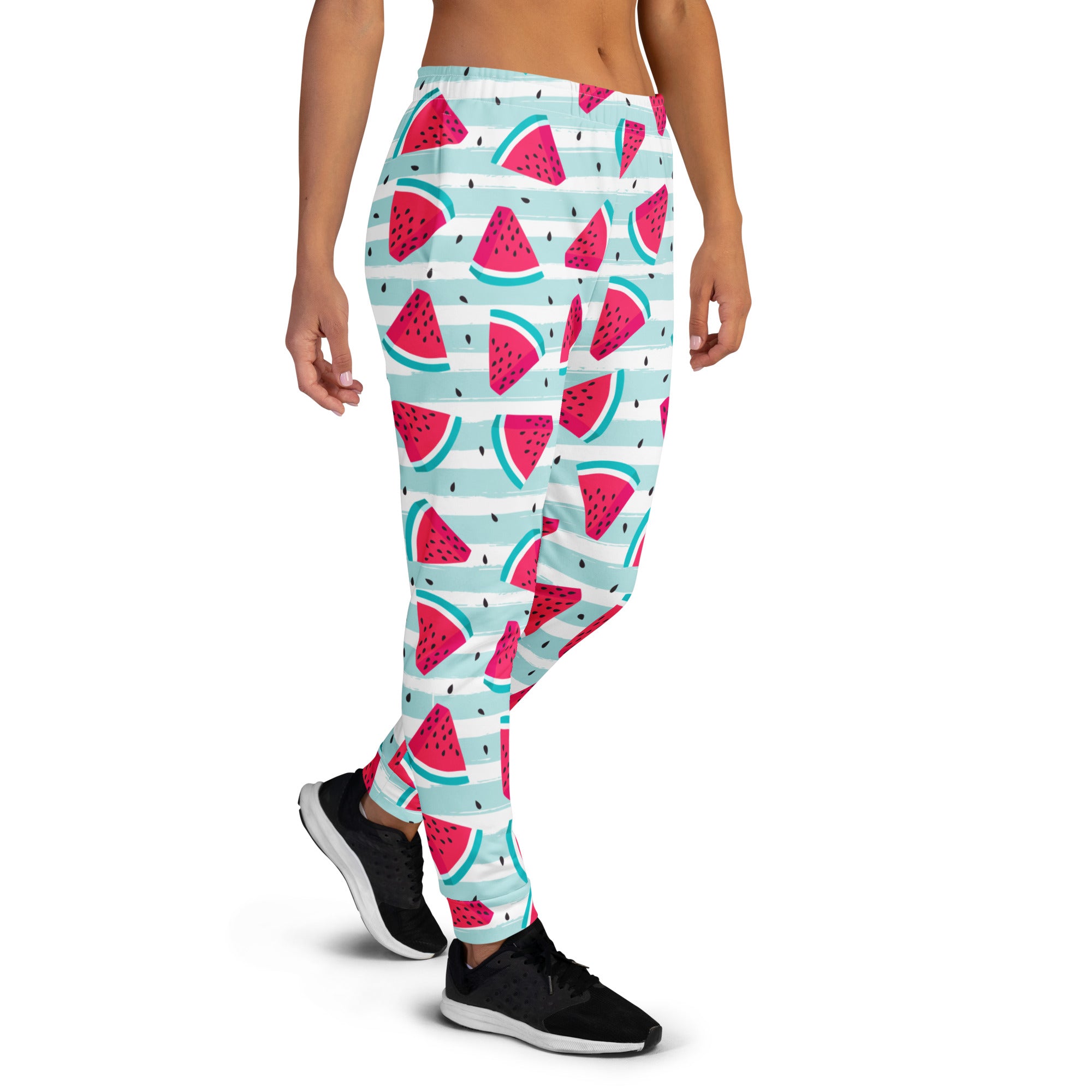 Women’s striped watermelon recycled jogger pants with pockets in vibrant pink and teal watermelon slice pattern on fleece
