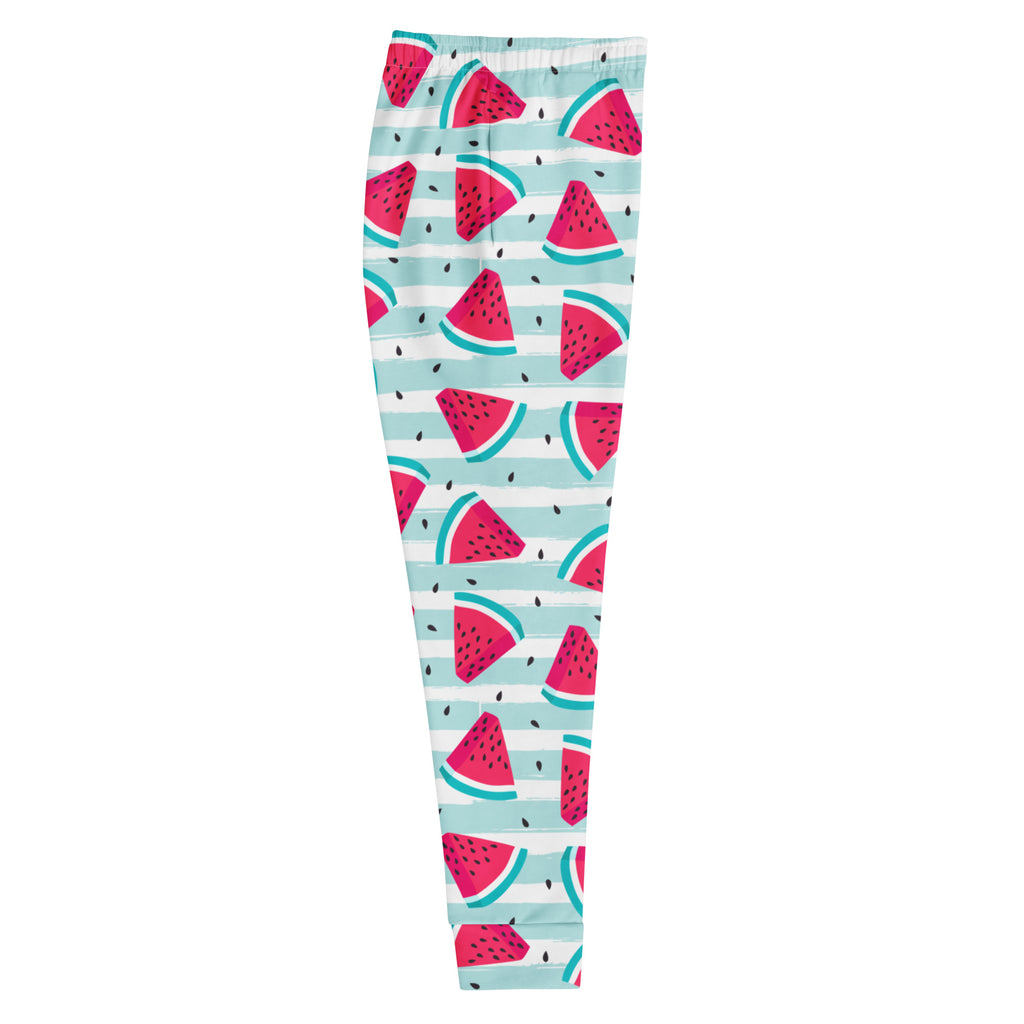 Women’s watermelon slice patterned jogger pants with mint green and white stripes cozy brushed fleece pockets