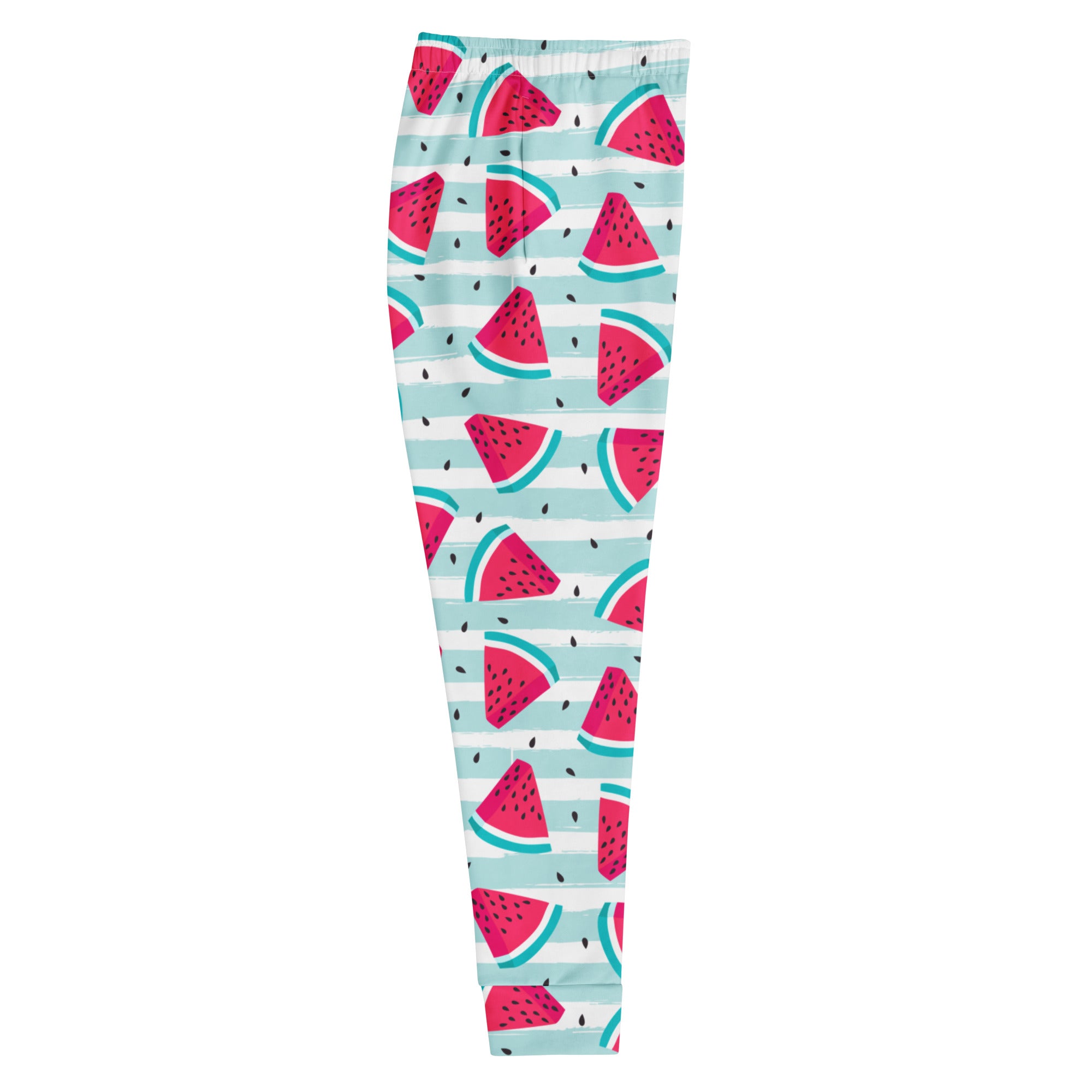 Women’s watermelon slice patterned jogger pants with mint green and white stripes cozy brushed fleece pockets